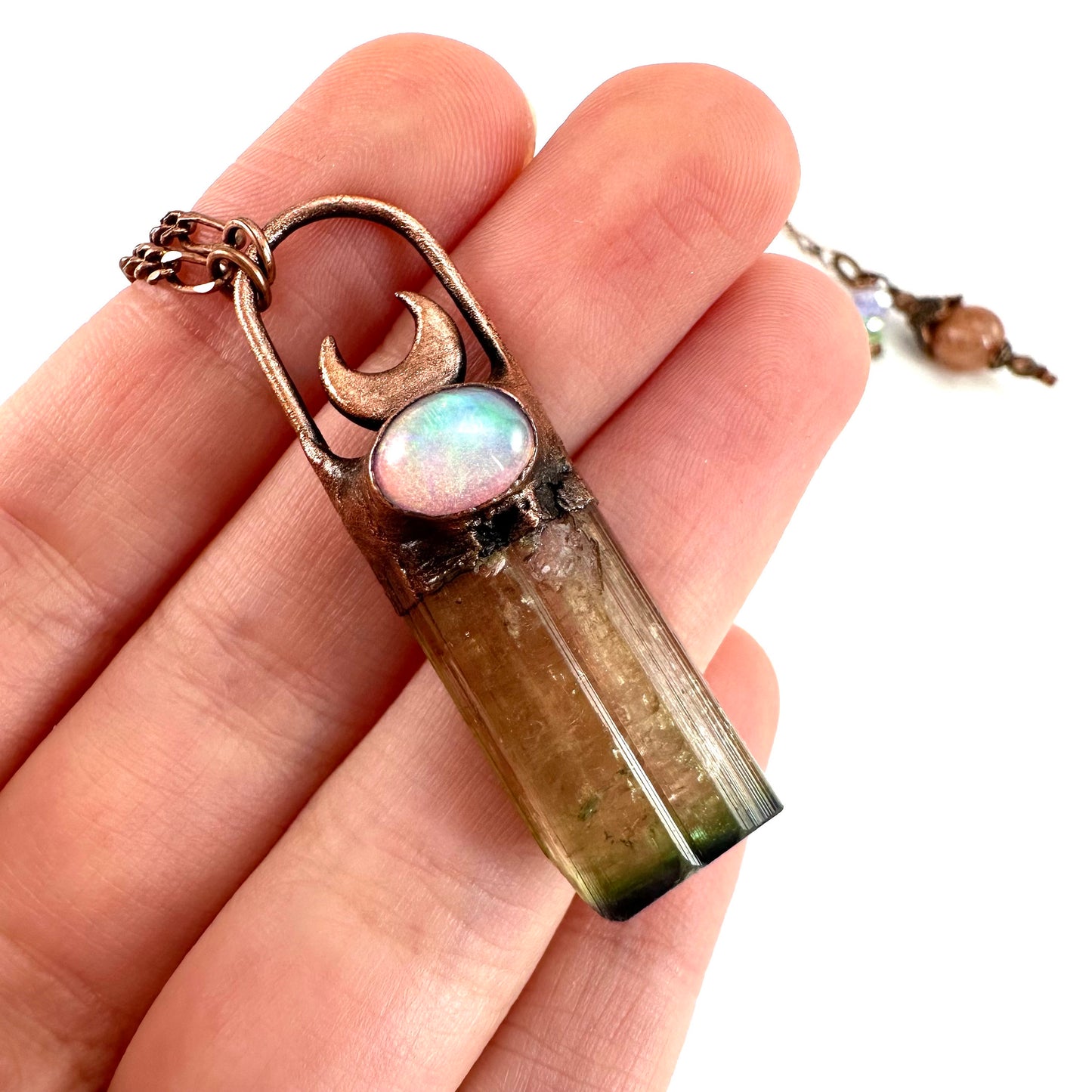 Watermelon Tourmaline & Opal necklace, tourmaline pendant, copper necklace, crystal necklace