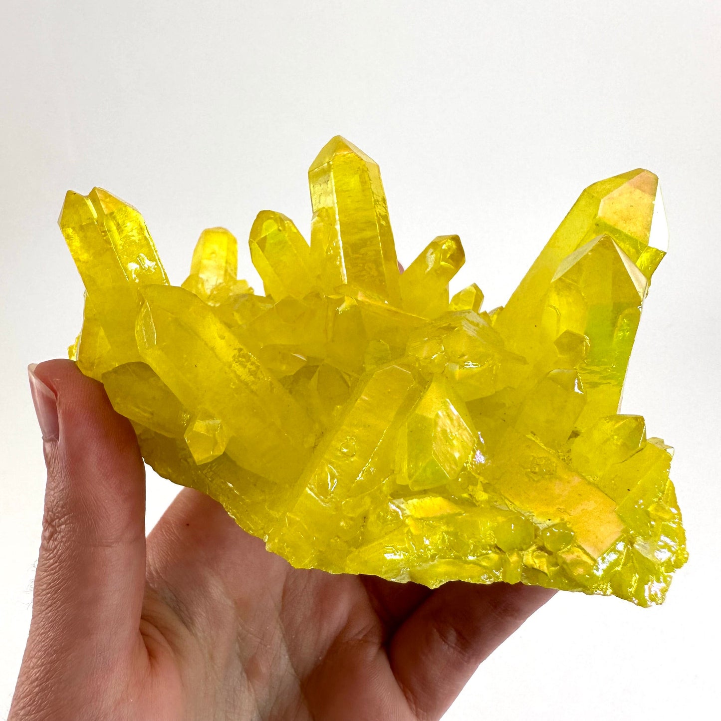 Lemon Aura Crystal Cluster, yellow aura quartz crystal