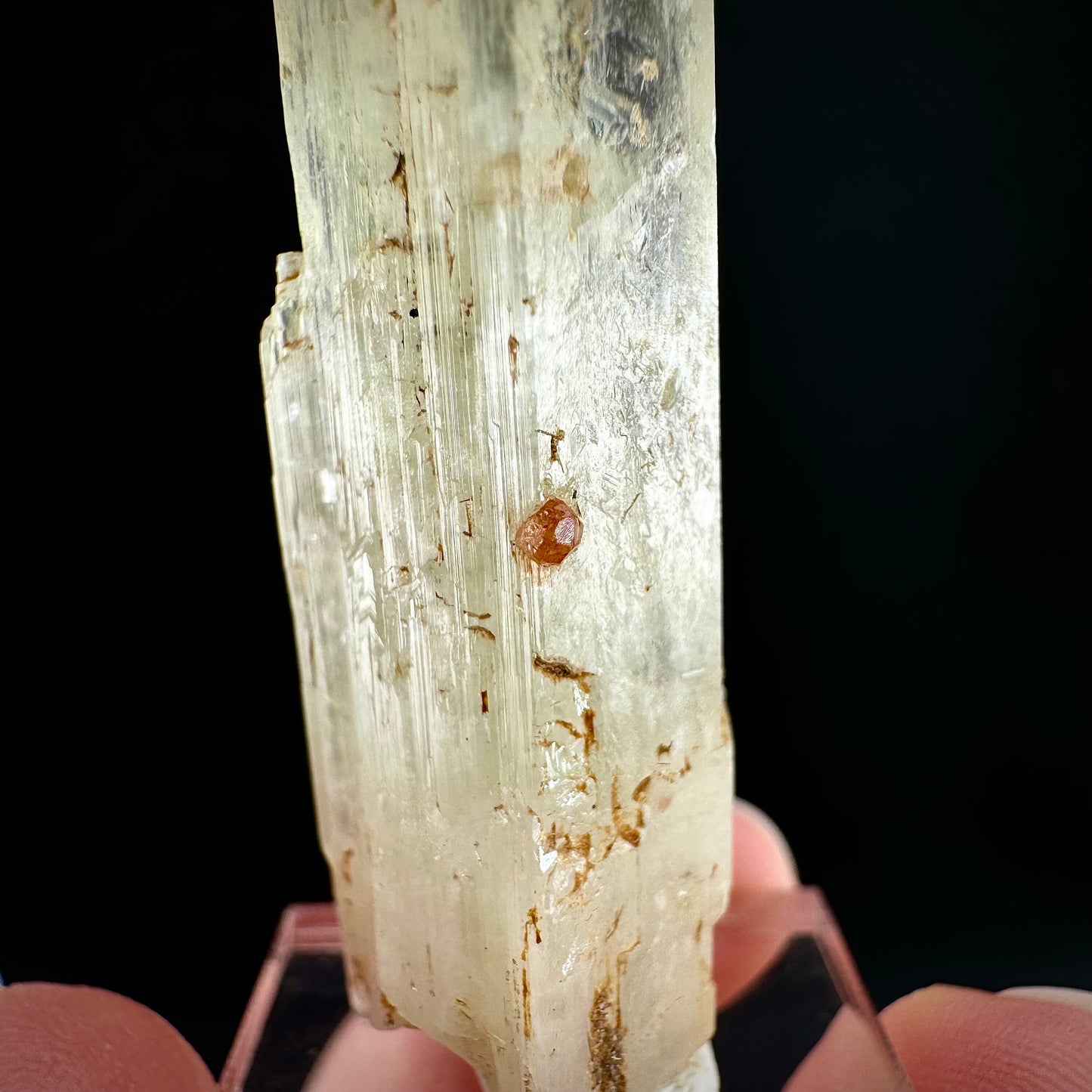 Rare! Spessartine Garnet on Kunzite (Pakistan) | orange garnet on kunzite, kunzite crystal, kunzite specimen, rare crystals, rare minerals