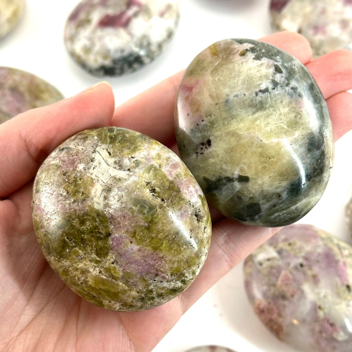 Mystic Mica Palm Stone (Madagascar) | epidote with lepidolite & mica, pocket stone, yellow mica, palm stone, polished lepidolite and epidote