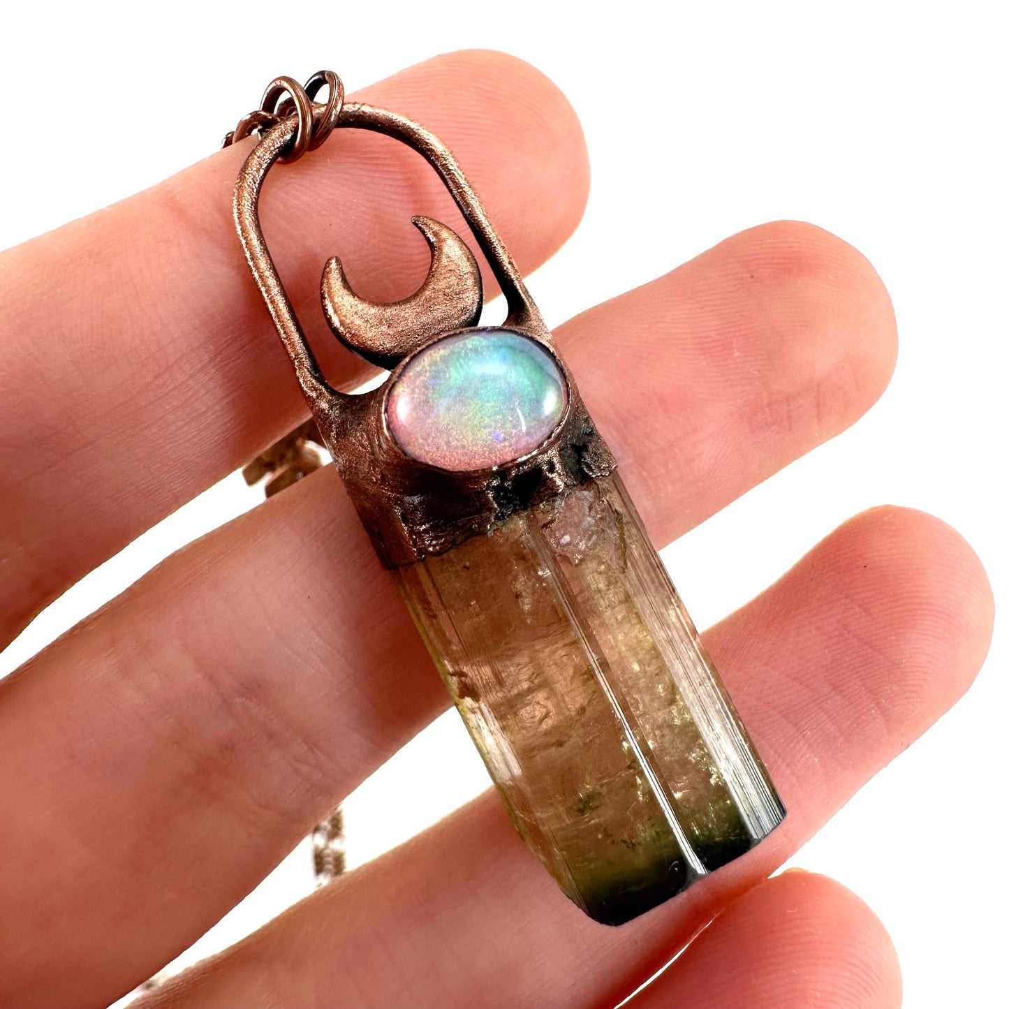Watermelon Tourmaline & Opal necklace, tourmaline pendant, copper necklace, crystal necklace
