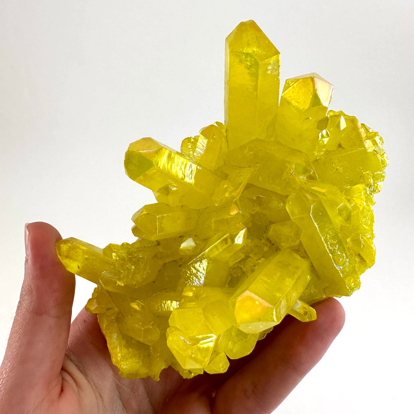Lemon Aura Crystal Cluster, yellow aura quartz crystal