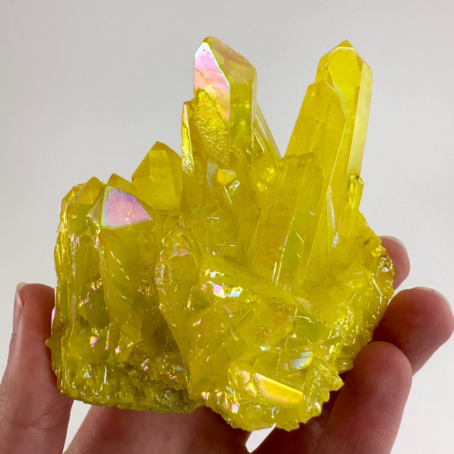 Lemon Aura Crystal Cluster, yellow aura quartz crystal