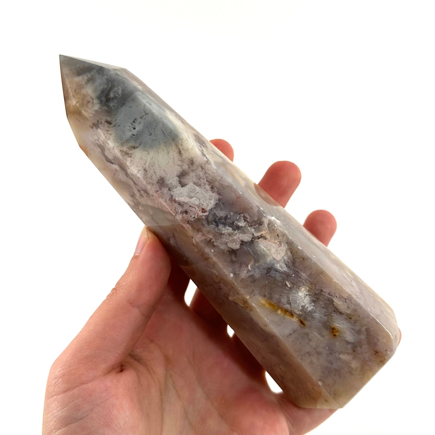 XL Flower agate point, flower agate, crystal point, flower agate palm stone, dendritic agate