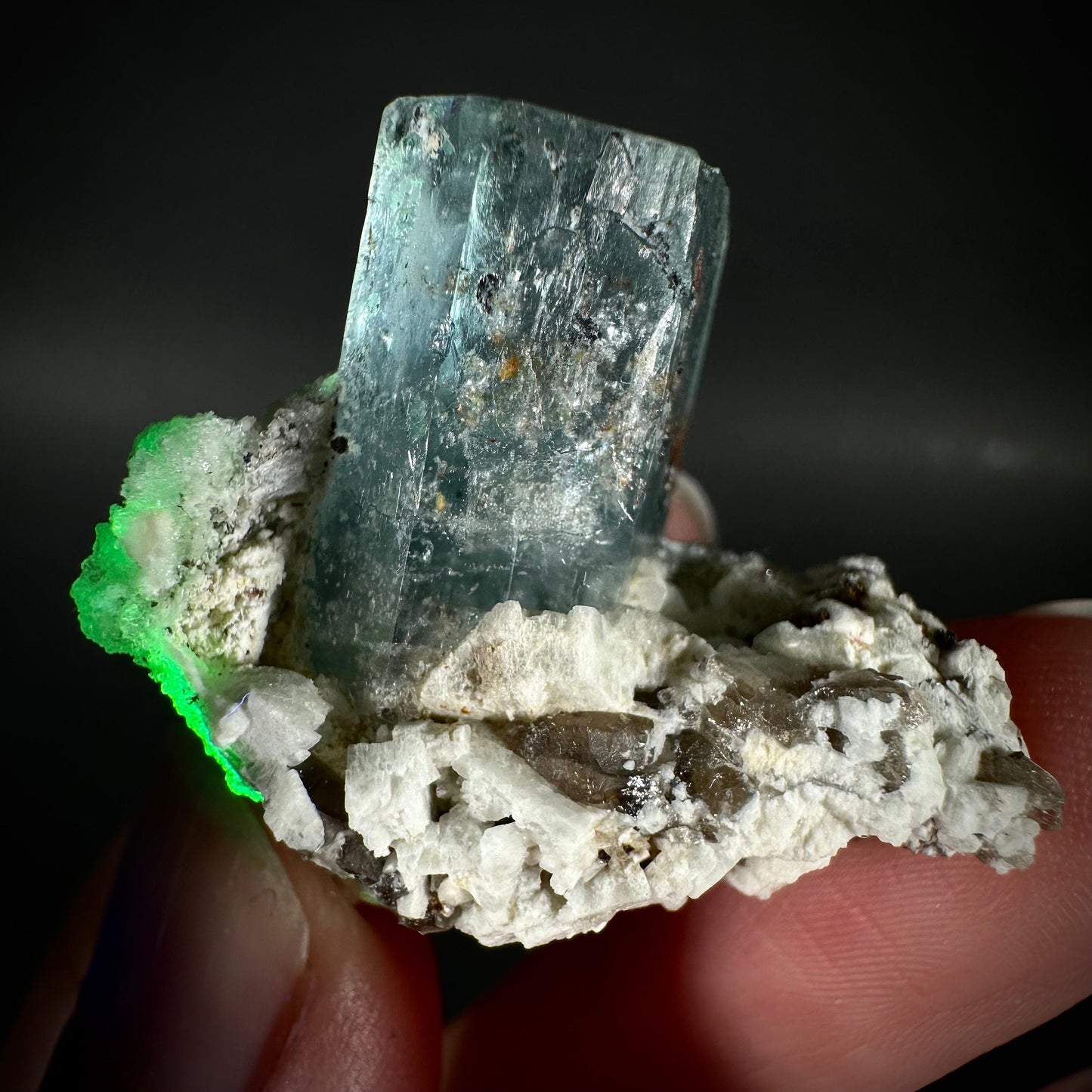 Hyalite Opal on Aquamarine (Namibia), UV reactive hyalite opal, aquamarine crystal, rare minerals, rare crystals, fluorescent crystal