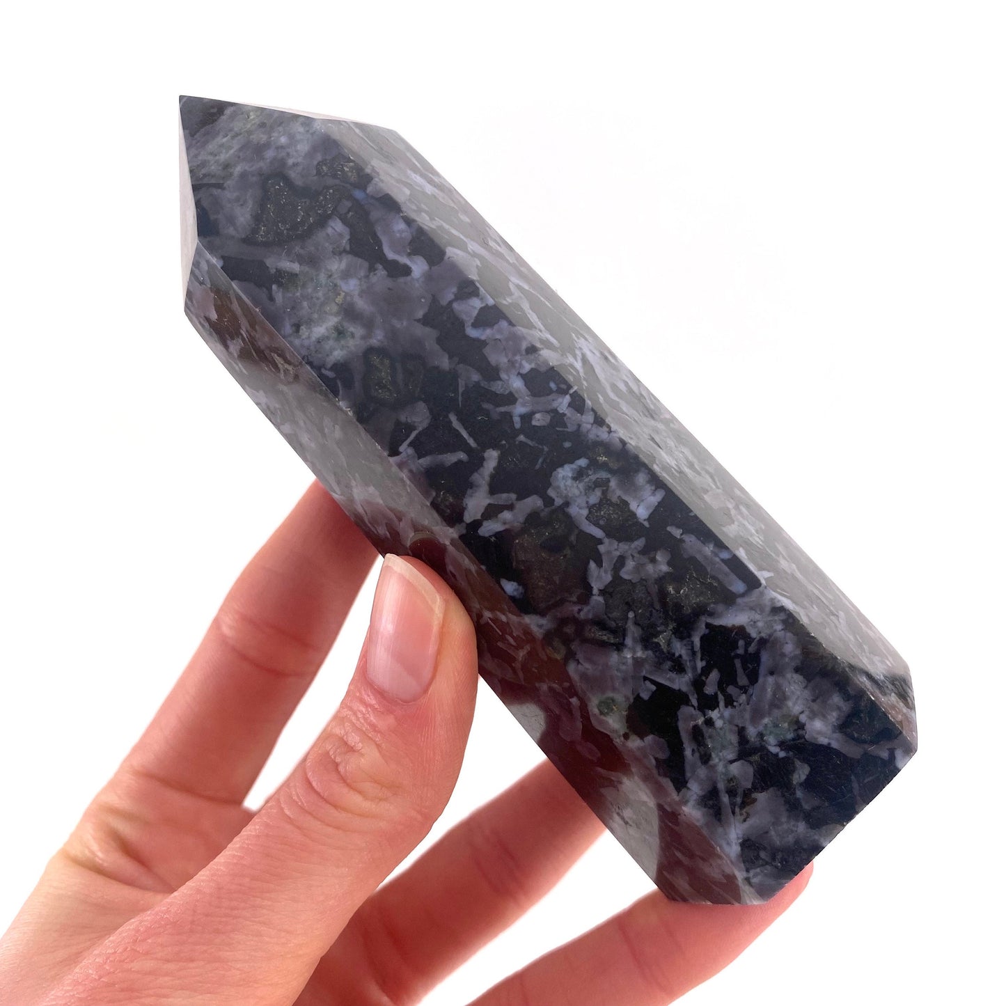 Indigo Gabbro Point, merlinite point, Gabbro Palm stone, Merlinite tower, Indigo Gabbro, crystal point