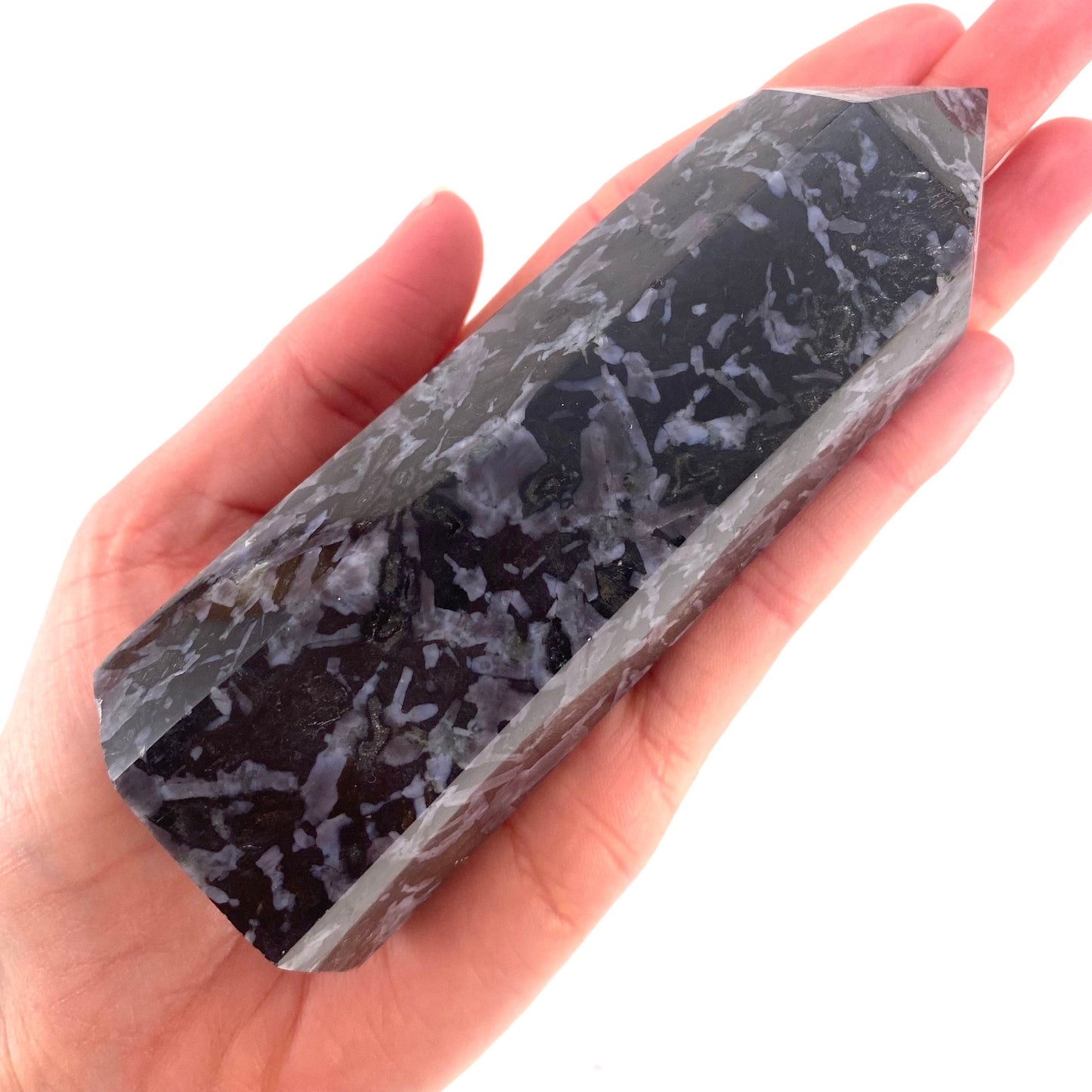 Indigo Gabbro Point, merlinite point, Gabbro Palm stone, Merlinite tower, Indigo Gabbro, crystal point