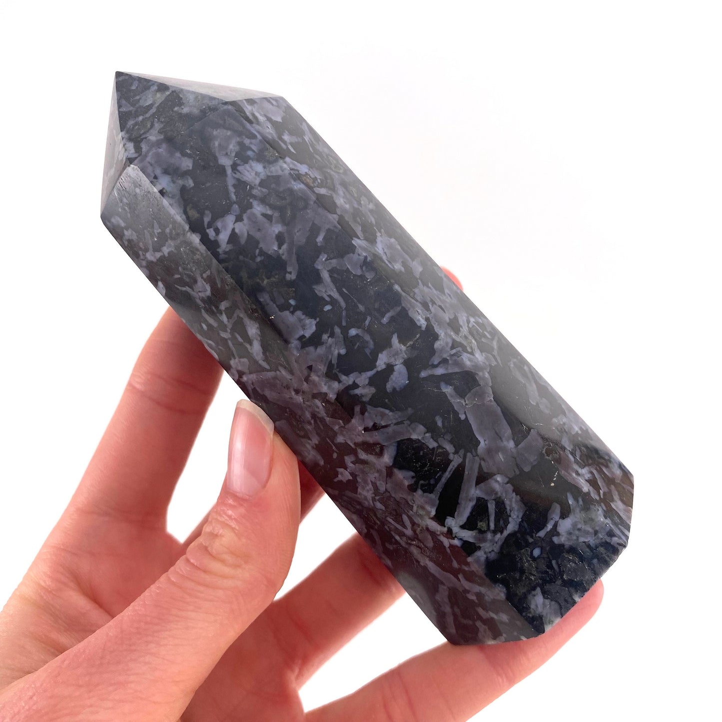 Indigo Gabbro Point, merlinite point, Gabbro Palm stone, Merlinite tower, Indigo Gabbro, crystal point