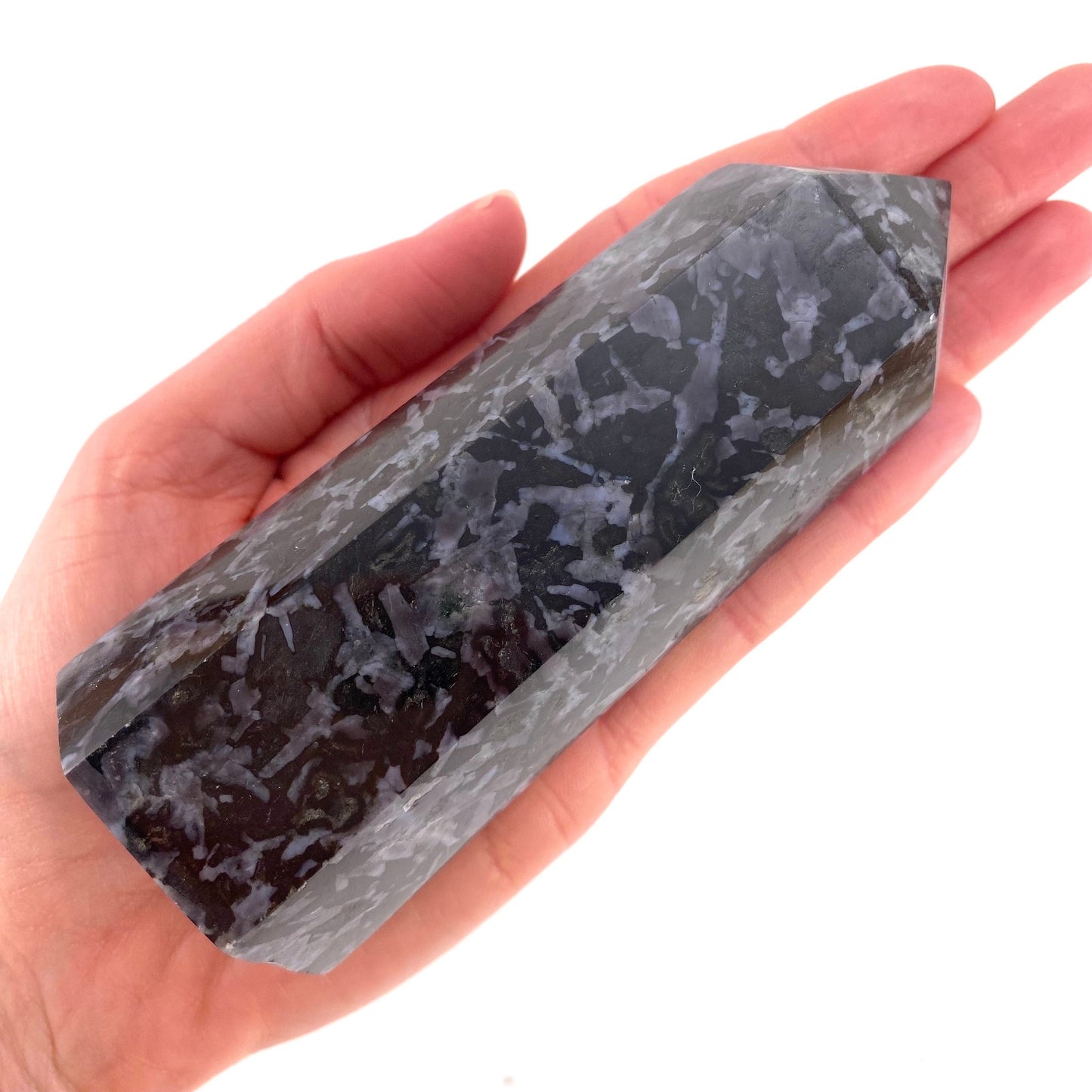 Indigo Gabbro Point, merlinite point, Gabbro Palm stone, Merlinite tower, Indigo Gabbro, crystal point