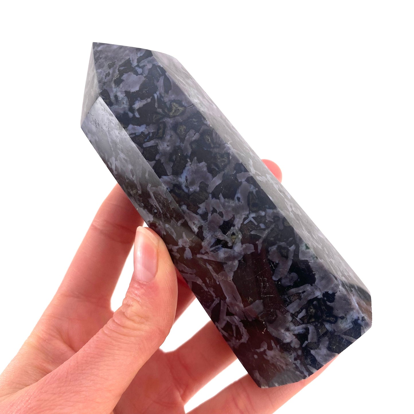 Indigo Gabbro Point, merlinite point, Gabbro Palm stone, Merlinite tower, Indigo Gabbro, crystal point
