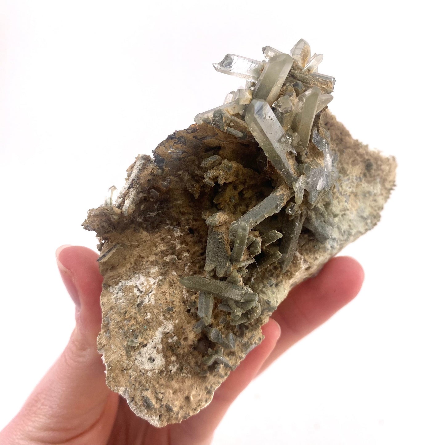 Green phantom quartz cluster (Pakistan) | green phantom quartz, chlorite quartz, green chlorite quartz