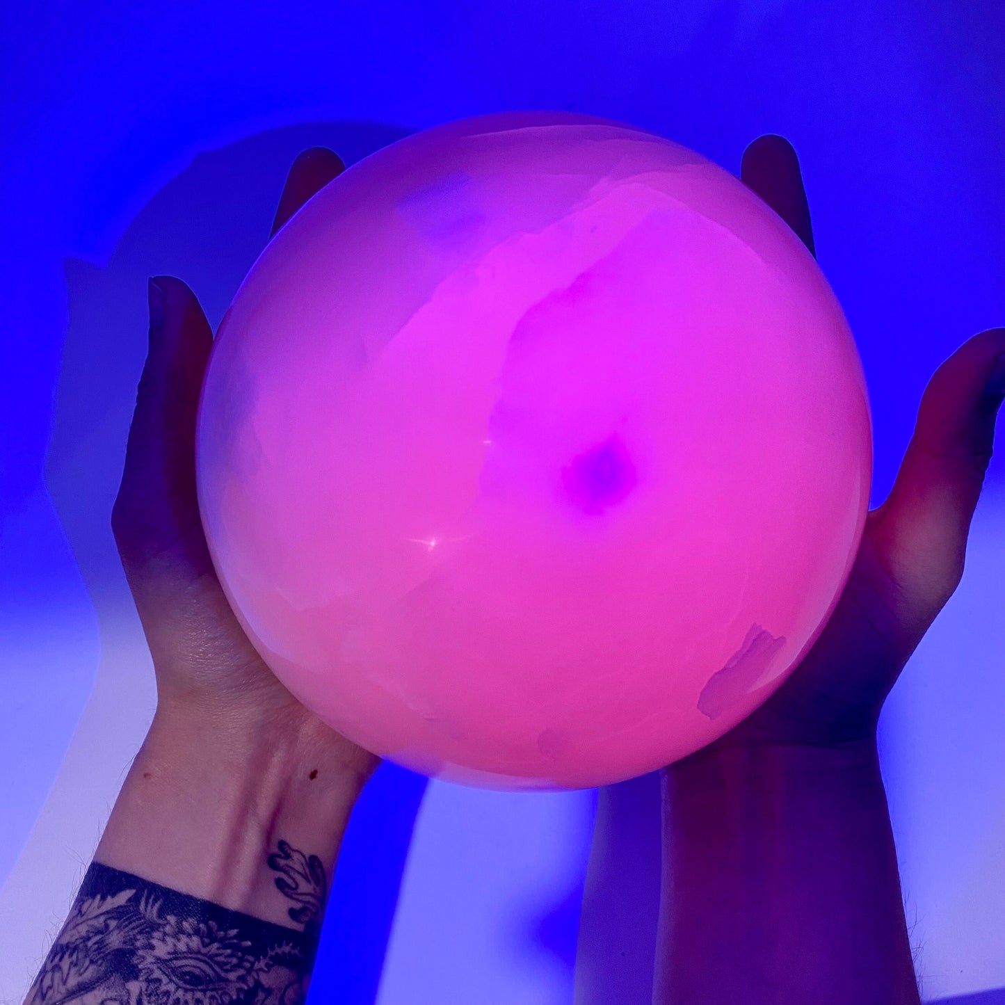 UV-reactive Mangano Calcite Sphere, crystal ball, mangano calcite sphere, pink calcite crystal, crystal sphere