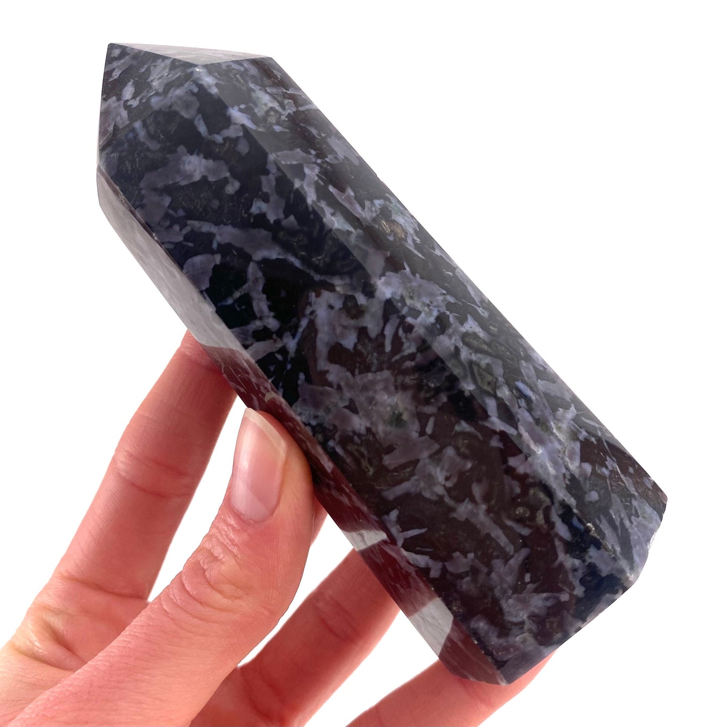 Indigo Gabbro Point, merlinite point, Gabbro Palm stone, Merlinite tower, Indigo Gabbro, crystal point