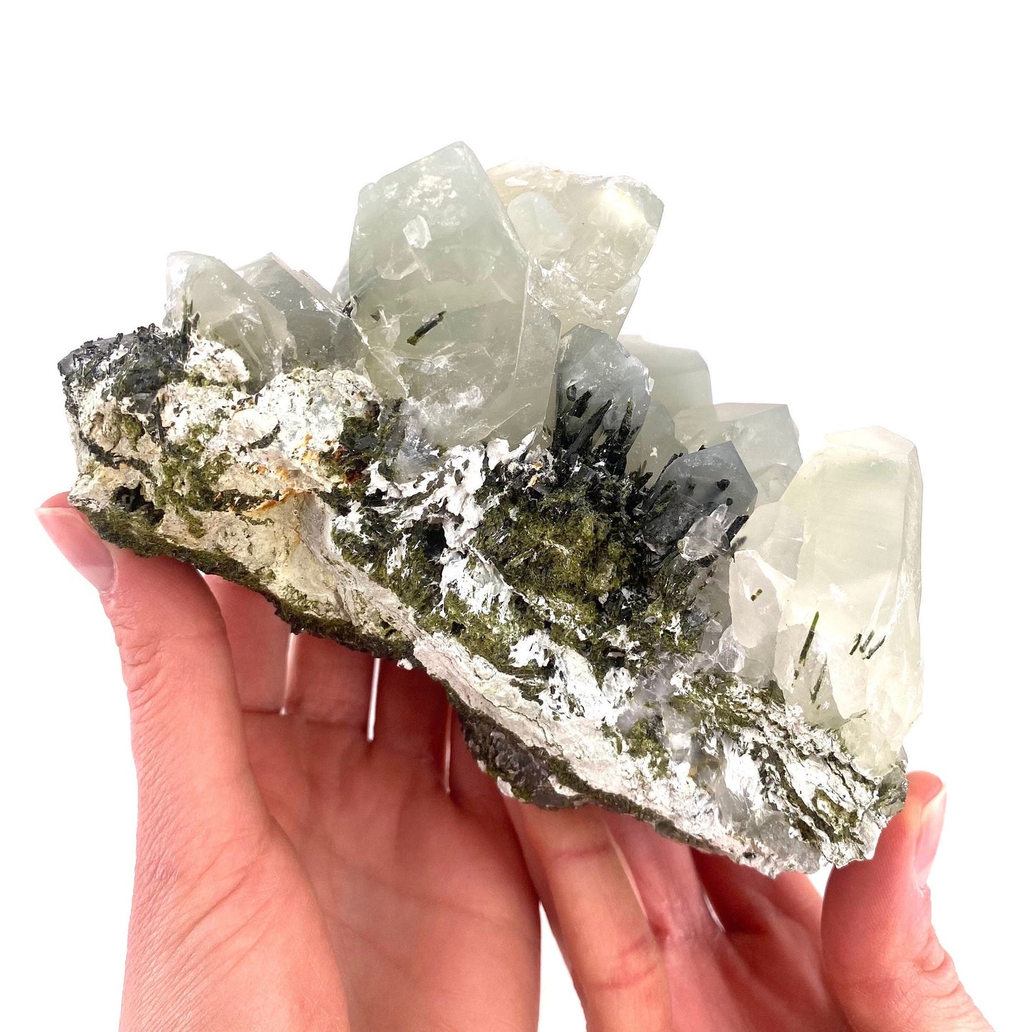XXL Yellow bone quartz cluster with epidote inclusions (Pakistan) | halloysite quartz, epidote quartz, green epidote, mango quartz