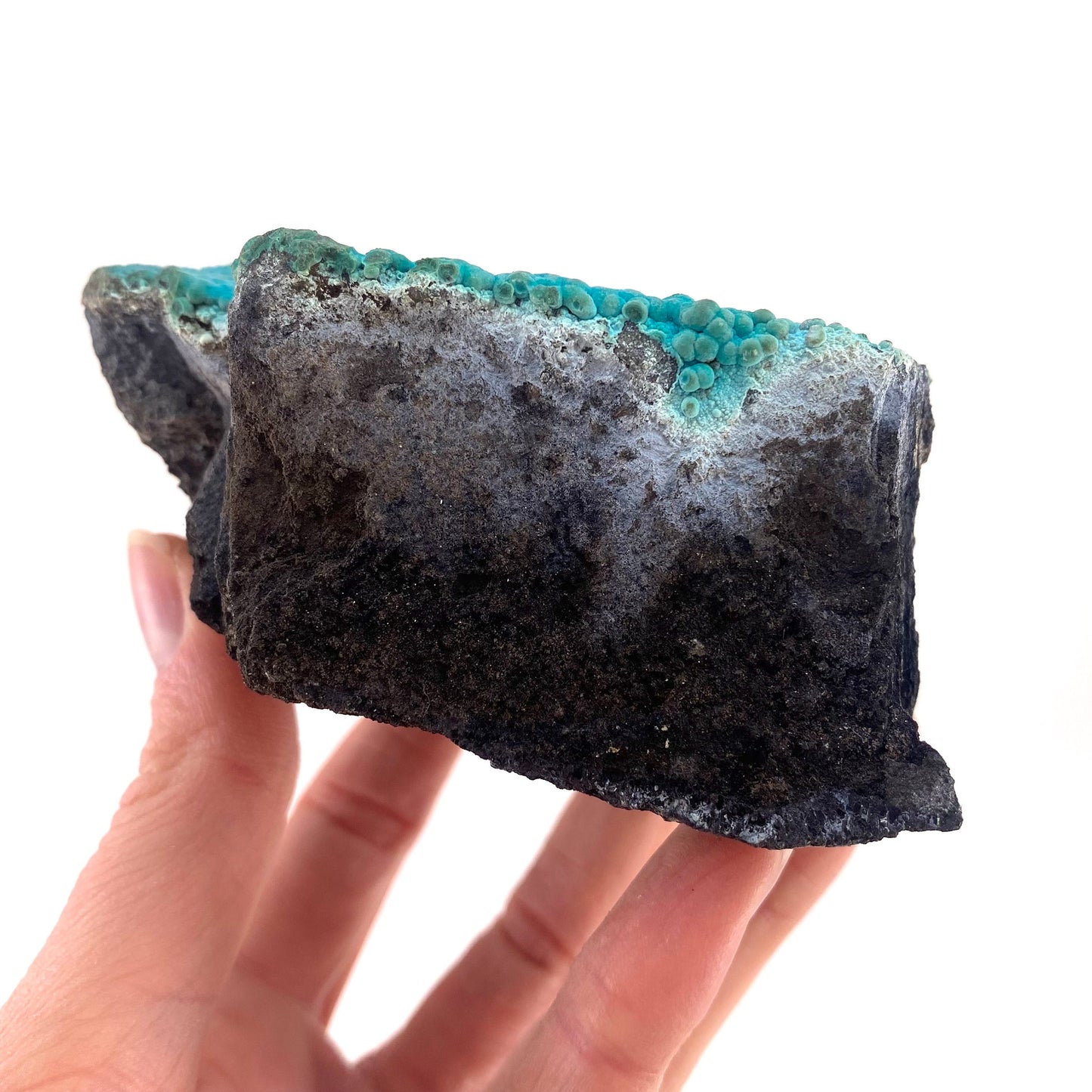 Botryoidal Chrysocolla on Malachite Specimen (Congo), raw chrysocolla, raw malachite, mineral specimen