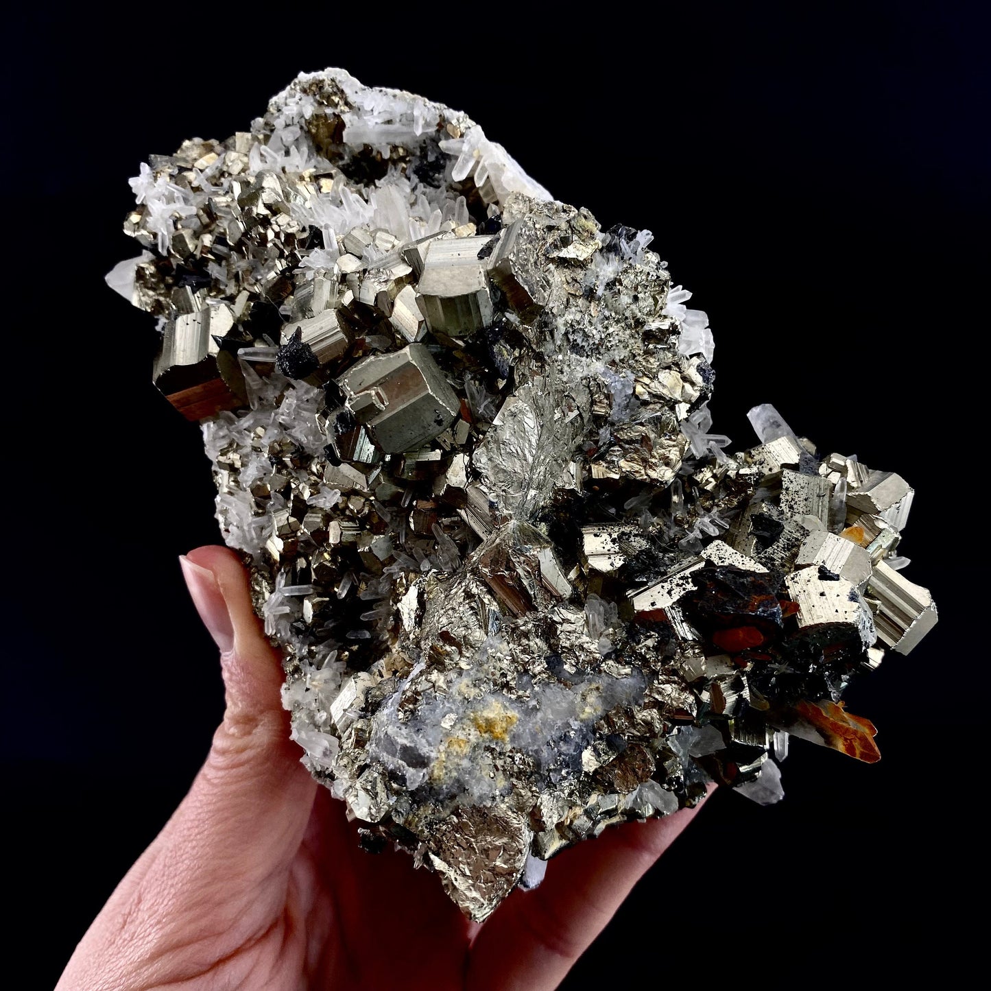 Quartz on Pyrite (Indonesia) | raw pyrite, natural pyrite cluster, quartz crystal, mineral specimen