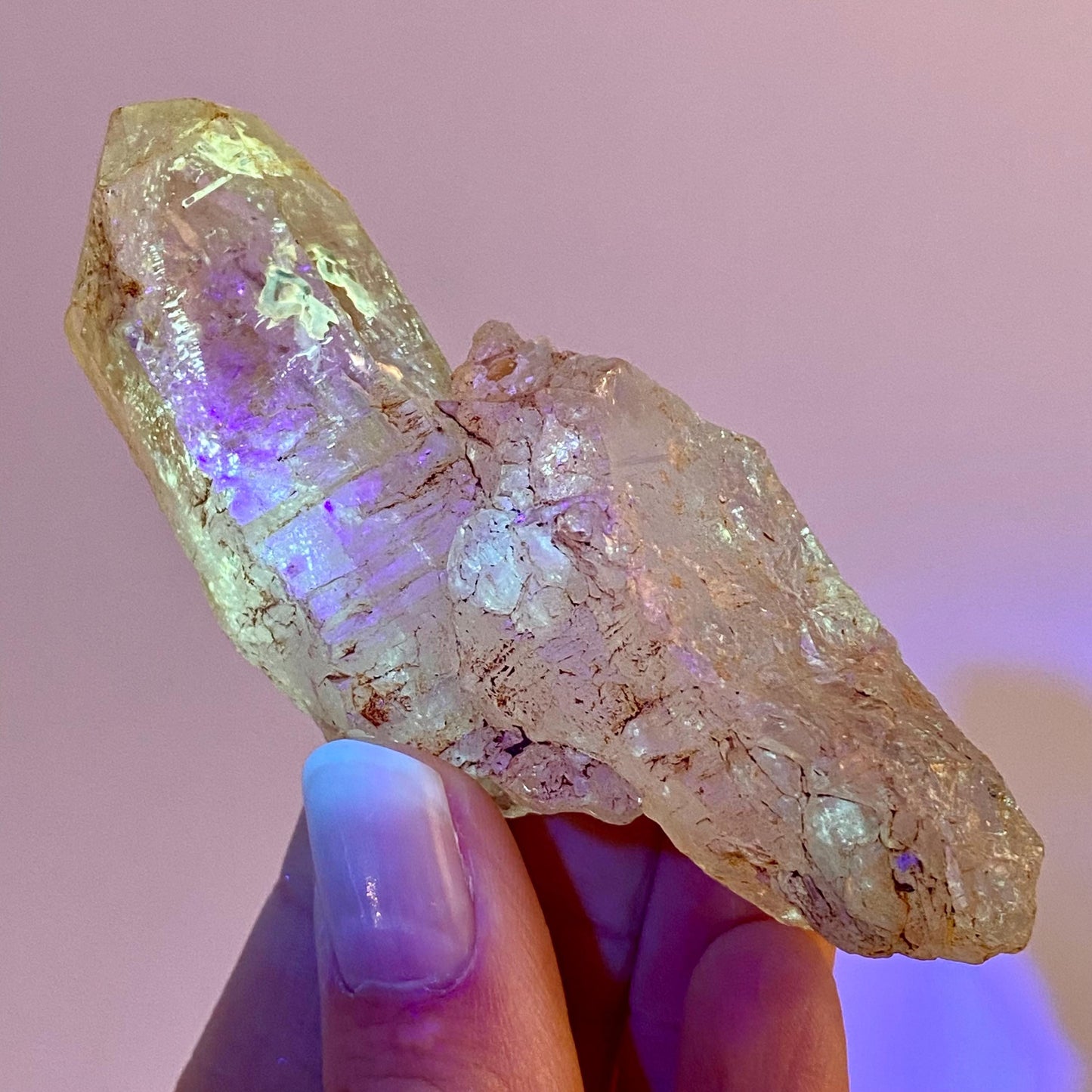 UV Reactive Petroleum Quartz Point (Madagascar) | natural petroleum quartz crystal, UV reactive crystal, enhydro quartz, firefly quartz