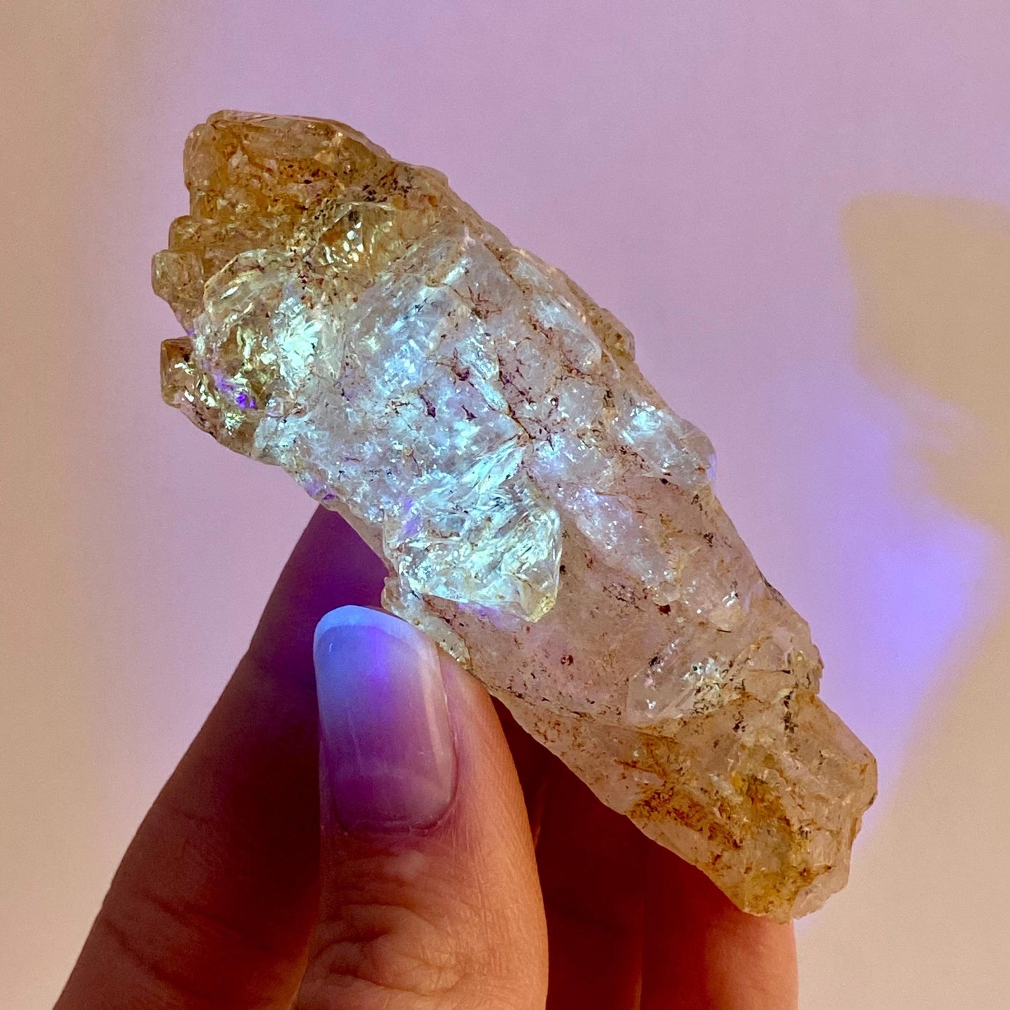 UV Reactive Petroleum Quartz Point (Madagascar) | natural petroleum quartz crystal, UV reactive crystal, enhydro quartz, firefly quartz