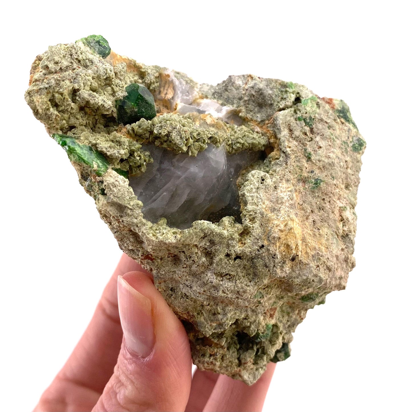 Demantoid Garnet & Diopside on Matrix (BeIqeys Mountain) | green garnet, rare minerals, demantoid garnet crystal, mineral specimen