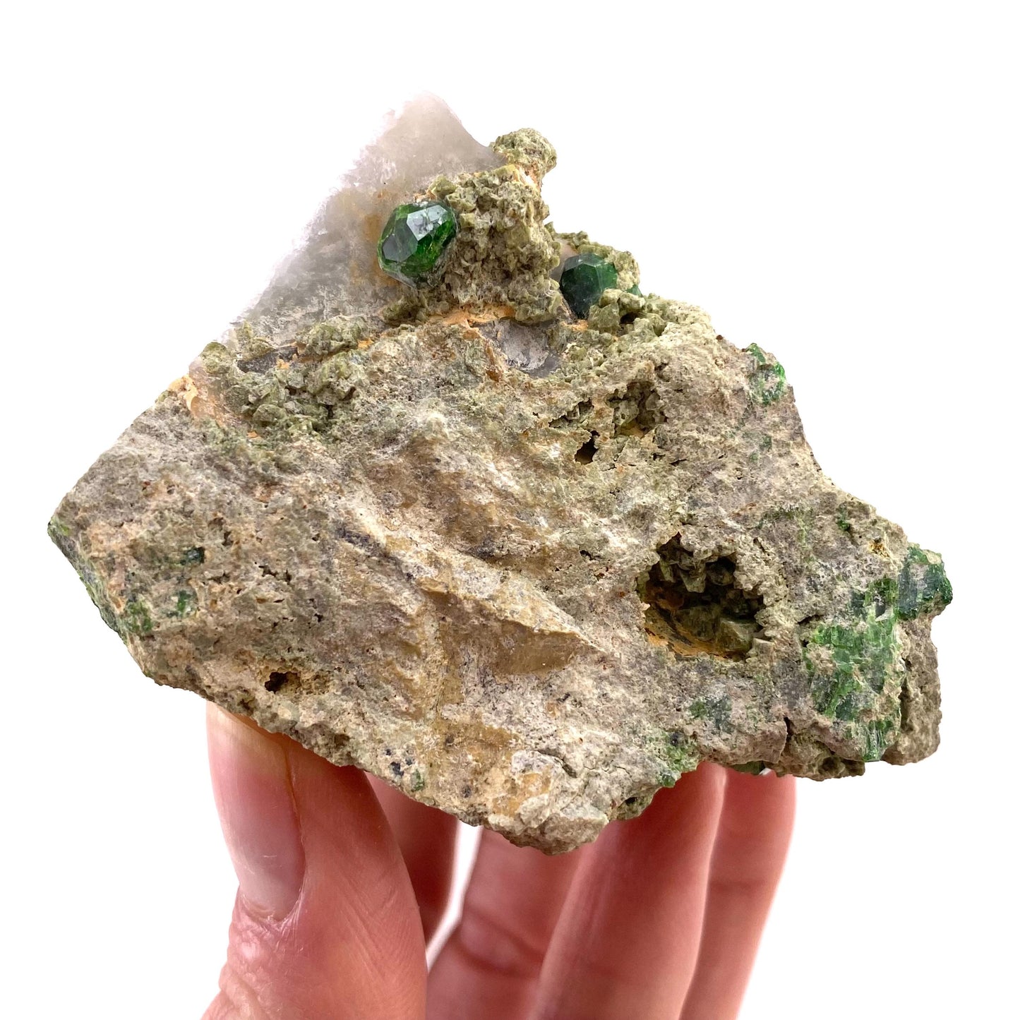 Demantoid Garnet & Diopside on Matrix (BeIqeys Mountain) | green garnet, rare minerals, demantoid garnet crystal, mineral specimen