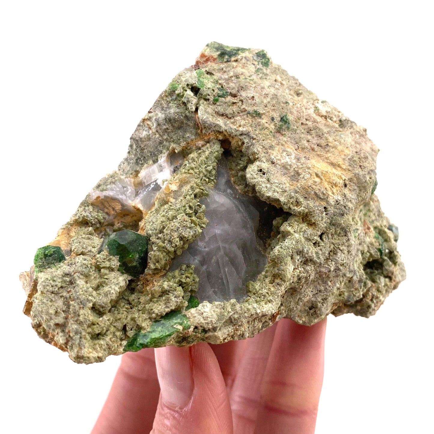 Demantoid Garnet & Diopside on Matrix (BeIqeys Mountain) | green garnet, rare minerals, demantoid garnet crystal, mineral specimen
