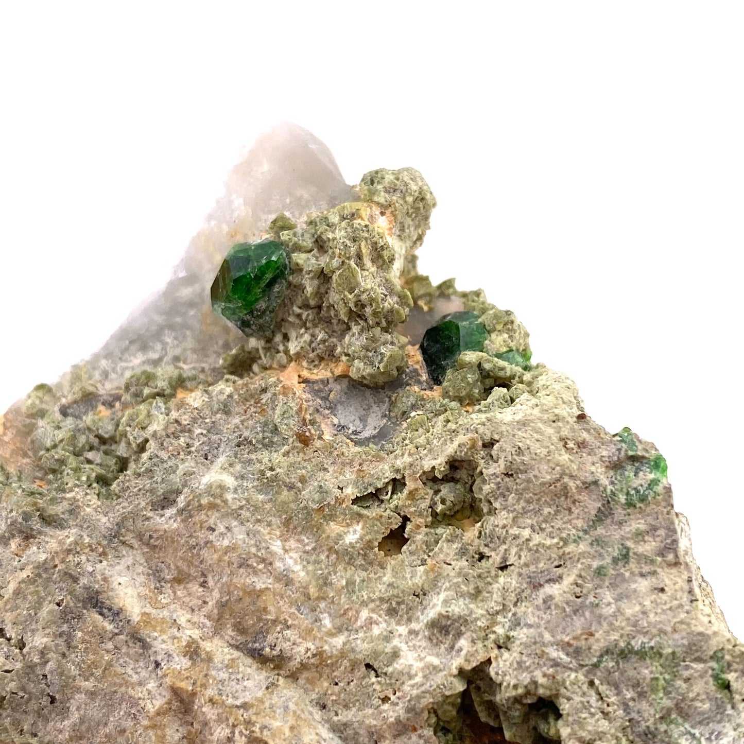 Demantoid Garnet & Diopside on Matrix (BeIqeys Mountain) | green garnet, rare minerals, demantoid garnet crystal, mineral specimen