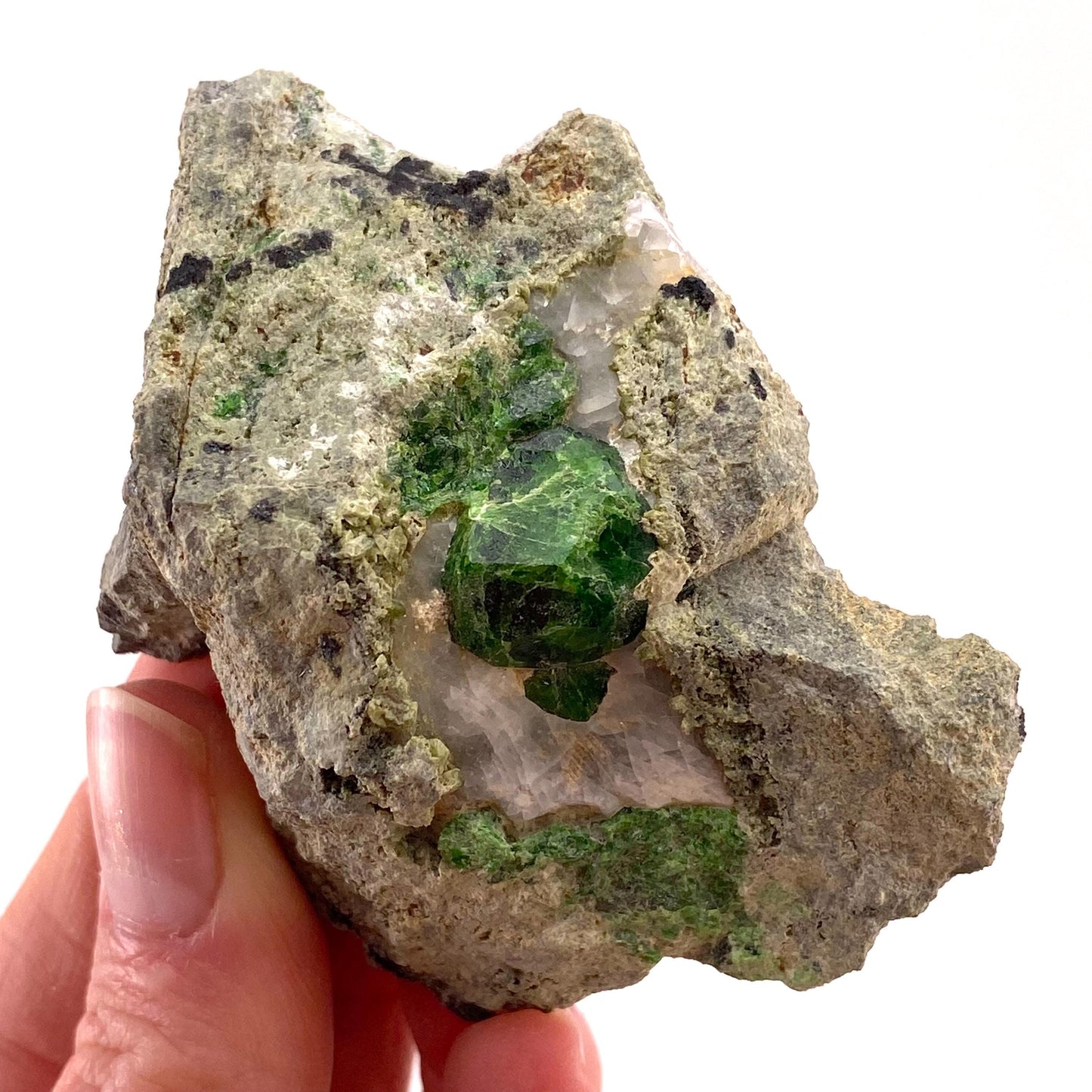 Demantoid Garnet on Matrix (BeIqeys Mountain) | green garnet, rare minerals, demantoid garnet crystal, mineral specimen