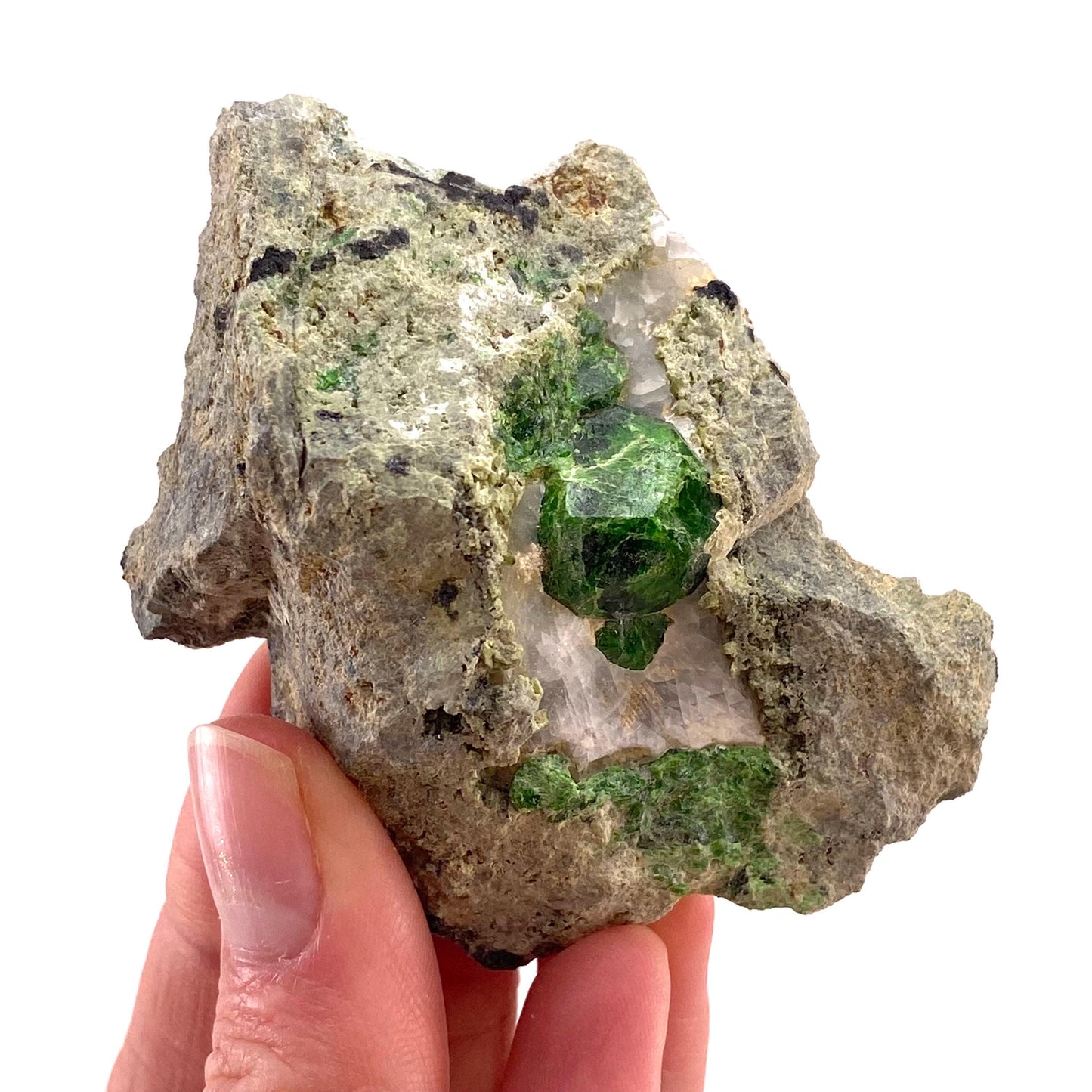 Demantoid Garnet on Matrix (BeIqeys Mountain) | green garnet, rare minerals, demantoid garnet crystal, mineral specimen