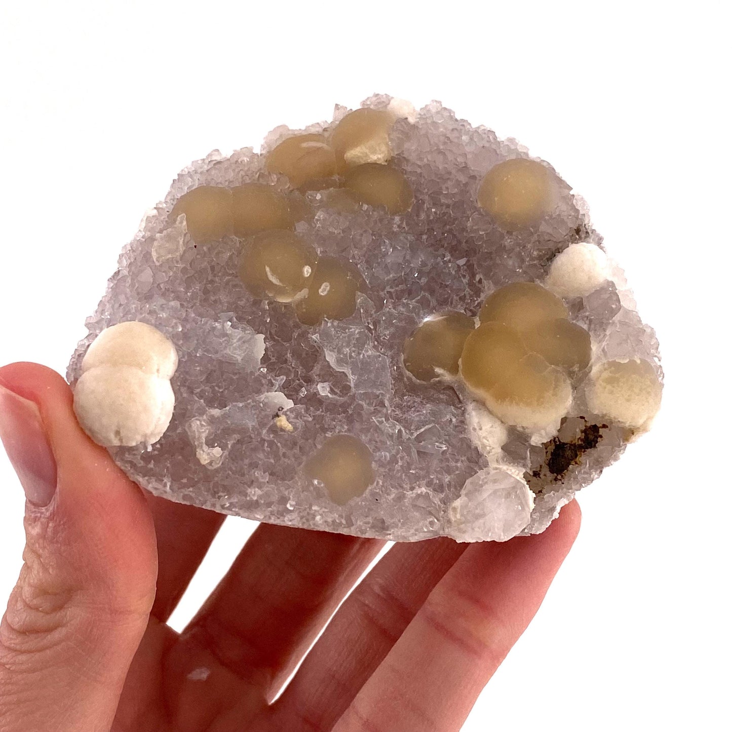 Botryoidal Fluorite on Quartz (India) | fried egg crystal, egg fluorite, fluorite crystal, mineral specimen, yellow fluorite
