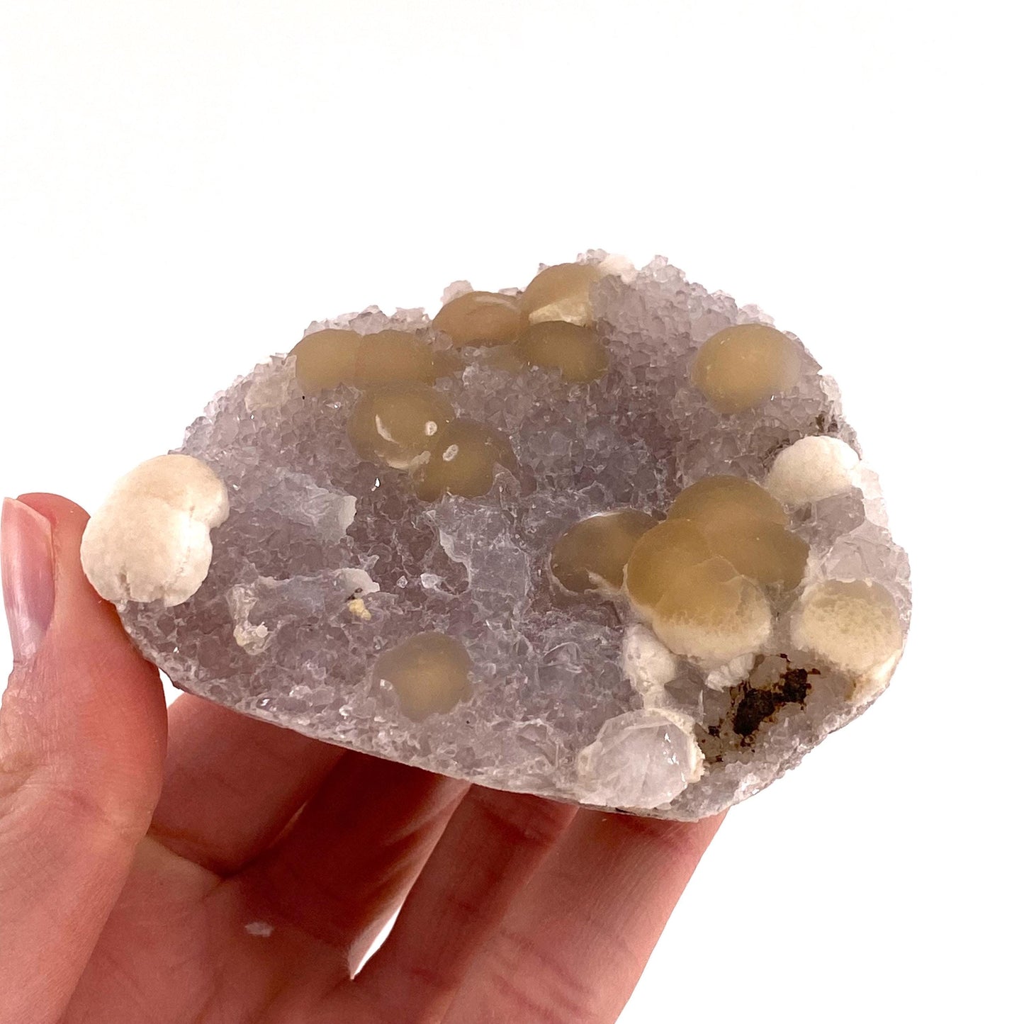 Botryoidal Fluorite on Quartz (India) | fried egg crystal, egg fluorite, fluorite crystal, mineral specimen, yellow fluorite