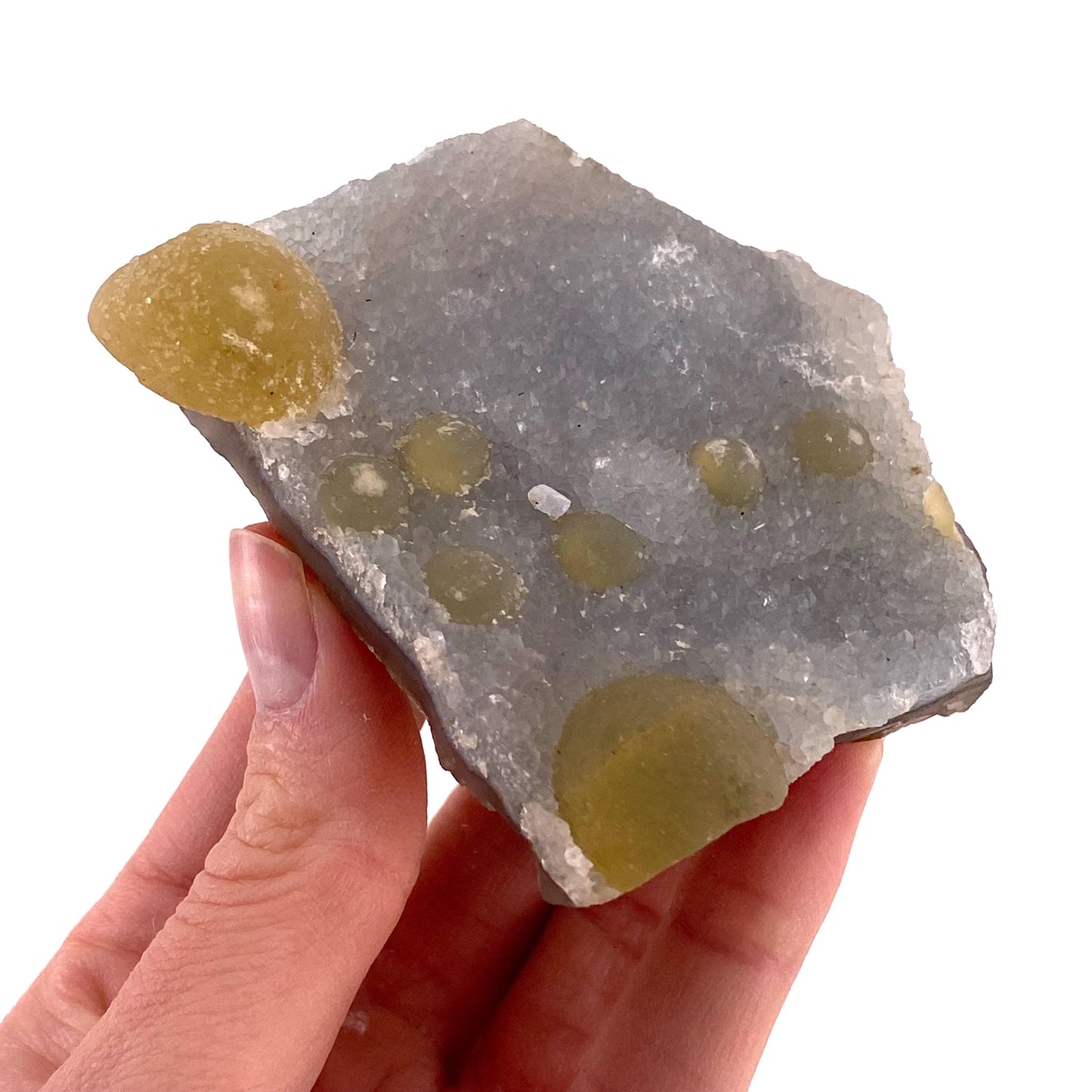 Botryoidal Fluorite on Quartz (India) | fried egg crystal, egg fluorite, fluorite crystal, mineral specimen, yellow fluorite