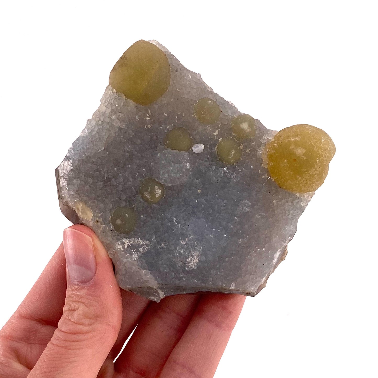 Botryoidal Fluorite on Quartz (India) | fried egg crystal, egg fluorite, fluorite crystal, mineral specimen, yellow fluorite