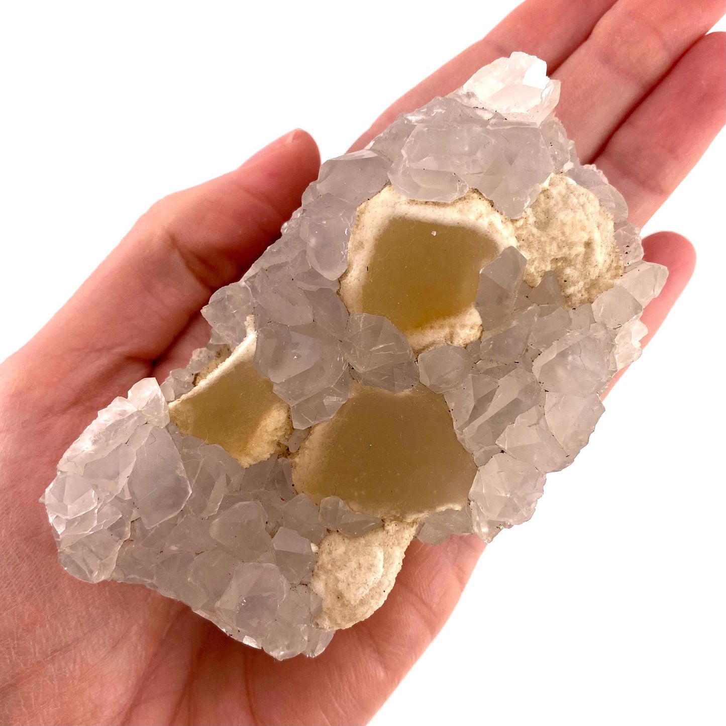 Botryoidal Fluorite on Quartz (India) | fried egg crystal, egg fluorite, fluorite crystal, mineral specimen, yellow fluorite