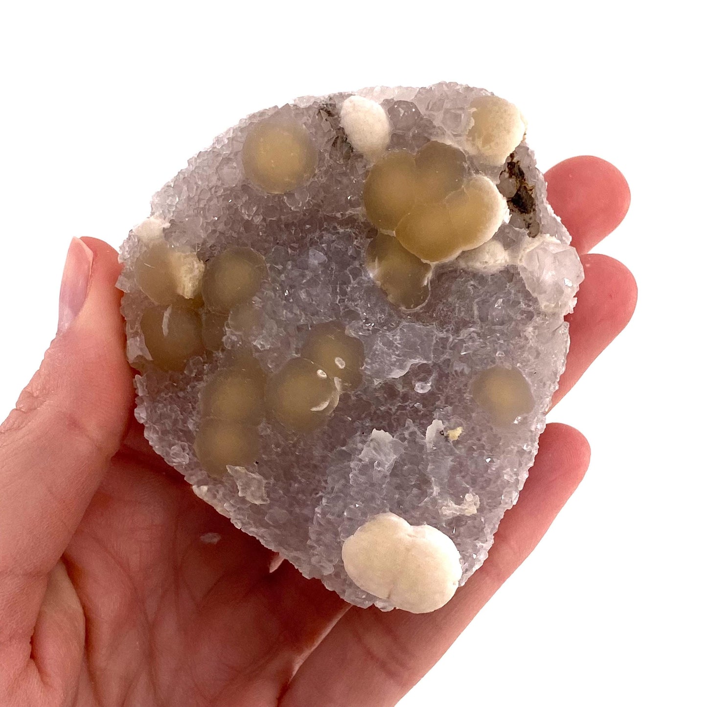 Botryoidal Fluorite on Quartz (India) | fried egg crystal, egg fluorite, fluorite crystal, mineral specimen, yellow fluorite