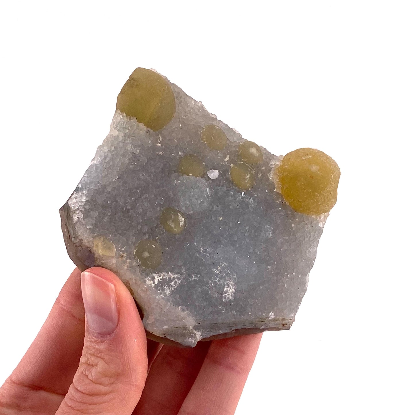 Botryoidal Fluorite on Quartz (India) | fried egg crystal, egg fluorite, fluorite crystal, mineral specimen, yellow fluorite