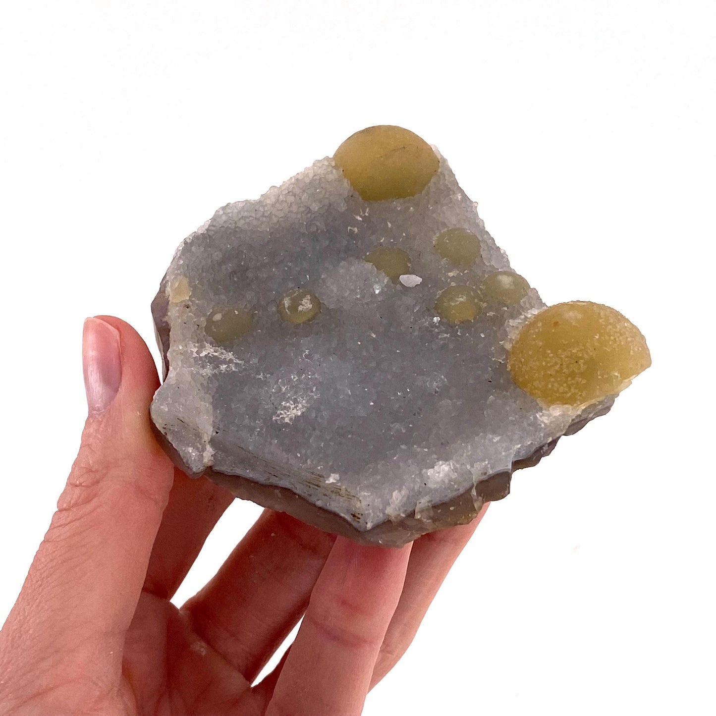 Botryoidal Fluorite on Quartz (India) | fried egg crystal, egg fluorite, fluorite crystal, mineral specimen, yellow fluorite
