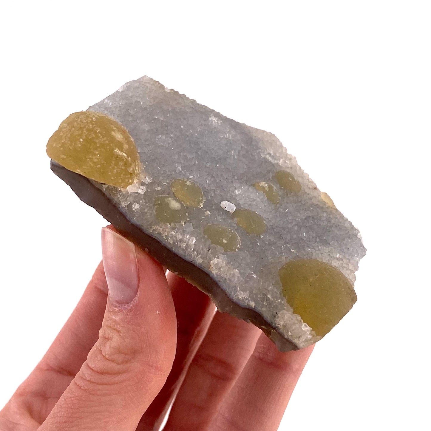 Botryoidal Fluorite on Quartz (India) | fried egg crystal, egg fluorite, fluorite crystal, mineral specimen, yellow fluorite