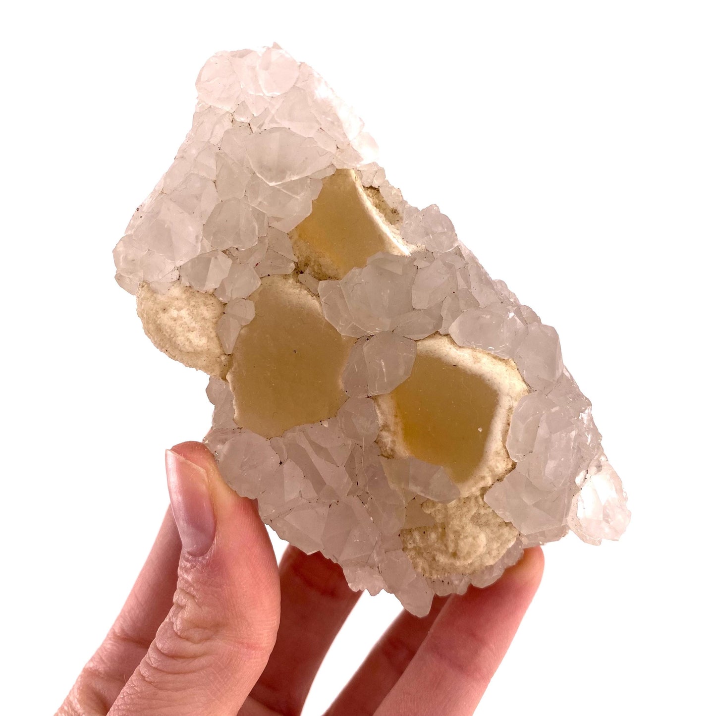 Botryoidal Fluorite on Quartz (India) | fried egg crystal, egg fluorite, fluorite crystal, mineral specimen, yellow fluorite