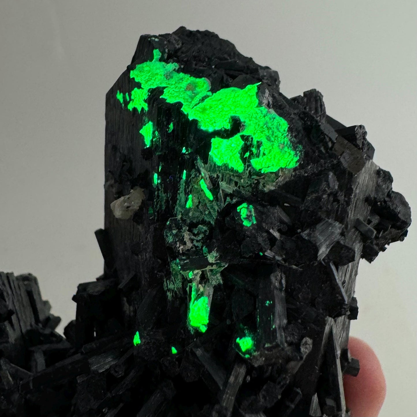 Hyalite Opal & Fluorite on Black Tourmaline (Namibia), UV reactive hyalite opal, quartz crystal, rare minerals, fluorescent crystal