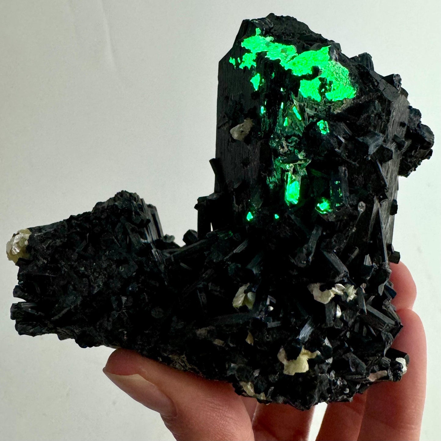 Hyalite Opal & Fluorite on Black Tourmaline (Namibia), UV reactive hyalite opal, quartz crystal, rare minerals, fluorescent crystal