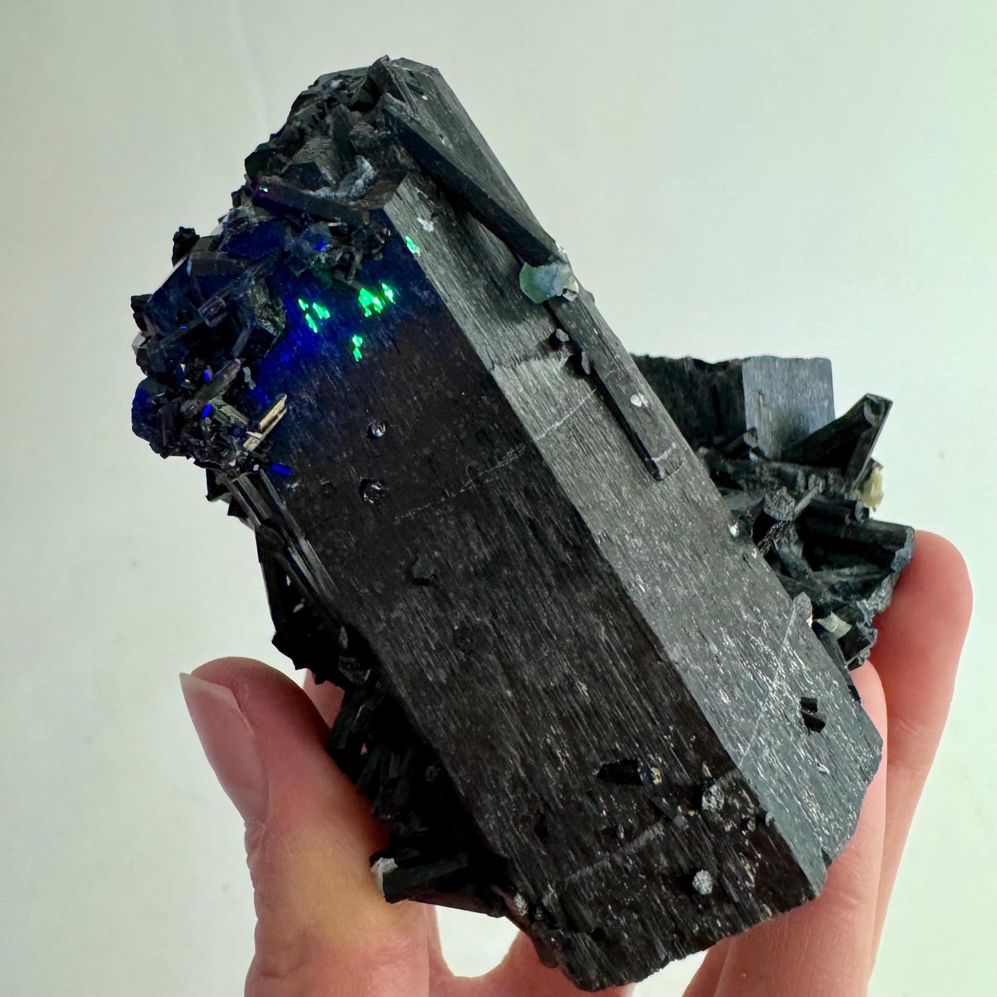 Hyalite Opal & Fluorite on Black Tourmaline (Namibia), UV reactive hyalite opal, quartz crystal, rare minerals, fluorescent crystal