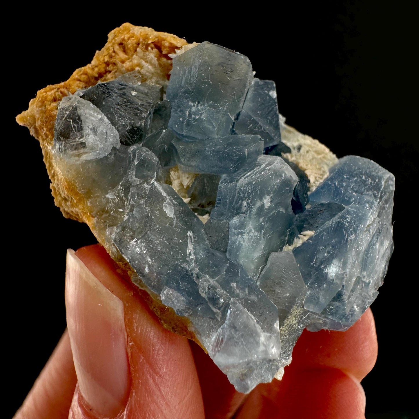 Blue Celestite on Calcite (Afghanistan), terminated celestite cluster, dark blue celestite, mineral specimen, natural celestite