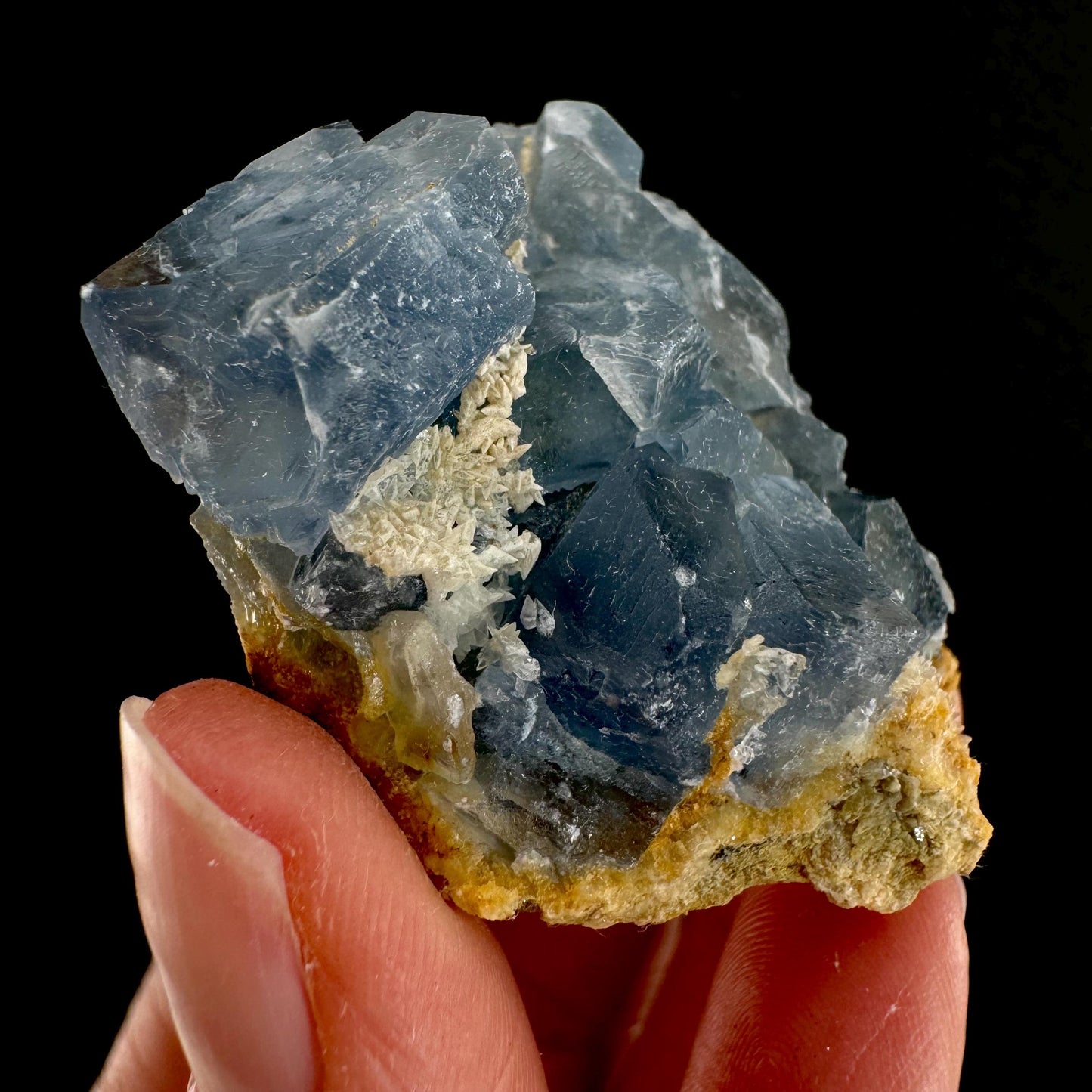 Blue Celestite on Calcite (Afghanistan), terminated celestite cluster, dark blue celestite, mineral specimen, natural celestite