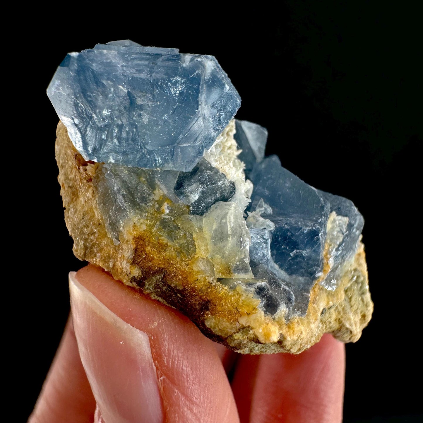 Blue Celestite on Calcite (Afghanistan), terminated celestite cluster, dark blue celestite, mineral specimen, natural celestite