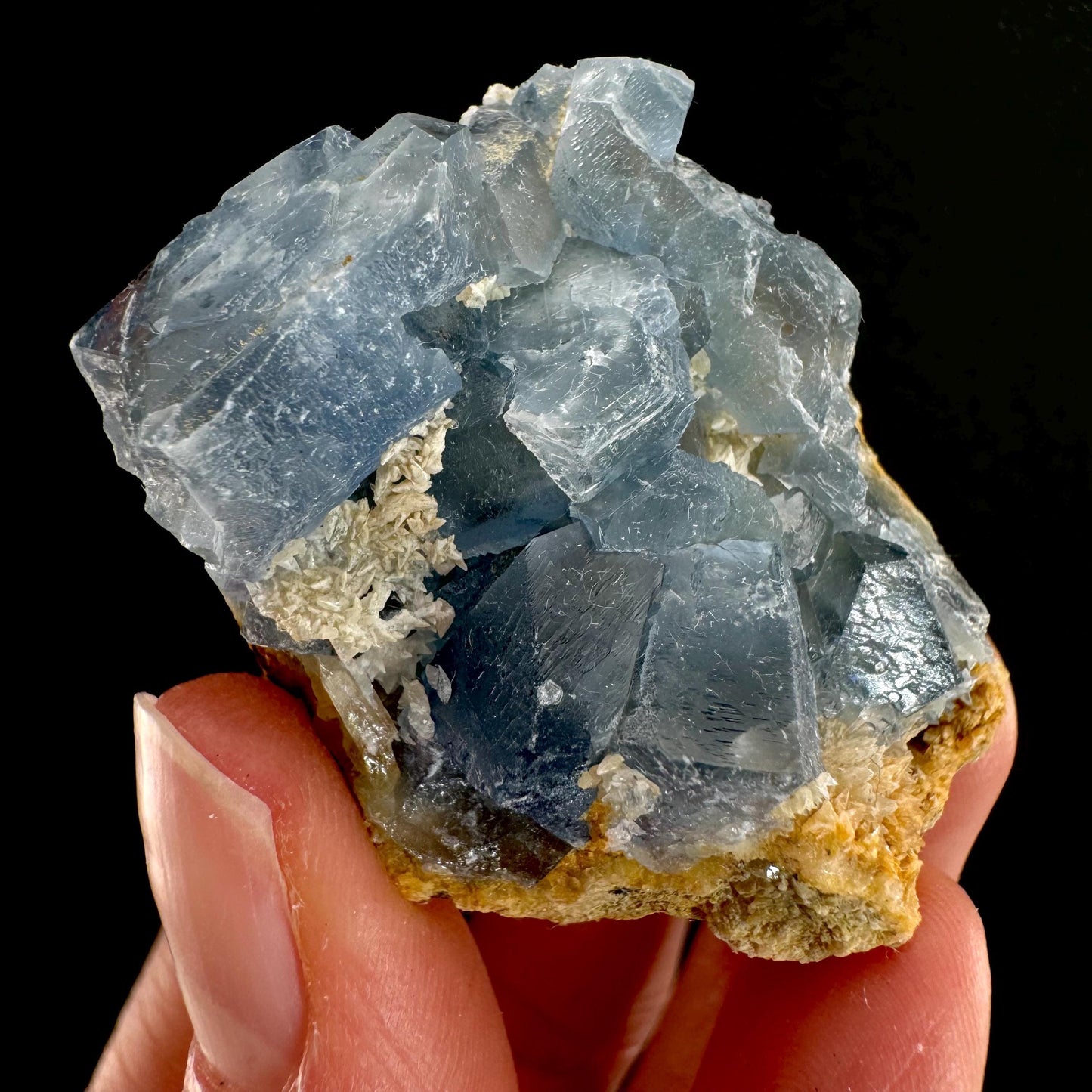 Blue Celestite on Calcite (Afghanistan), terminated celestite cluster, dark blue celestite, mineral specimen, natural celestite