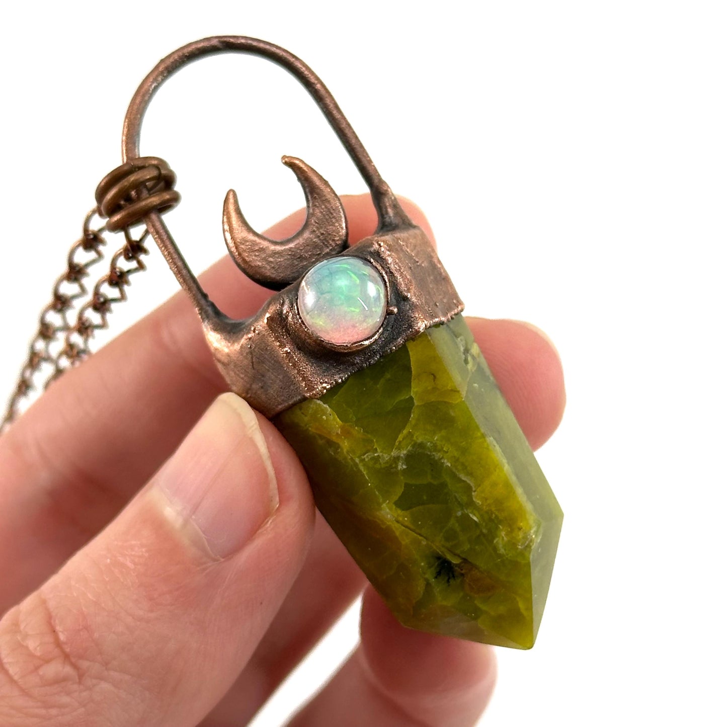 Green Opal & Welo Opal necklace, opal pendant, copper necklace, crystal necklace