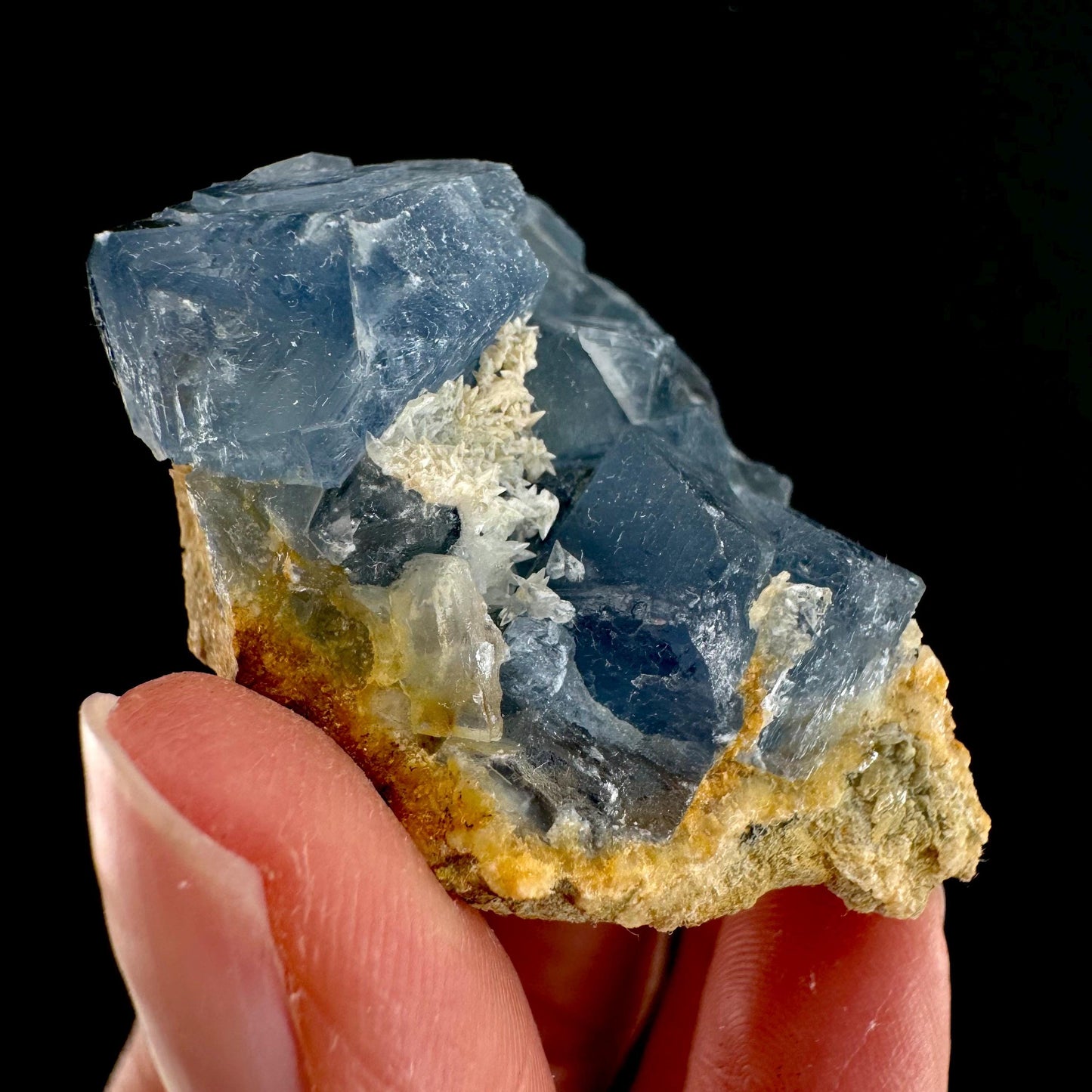 Blue Celestite on Calcite (Afghanistan), terminated celestite cluster, dark blue celestite, mineral specimen, natural celestite