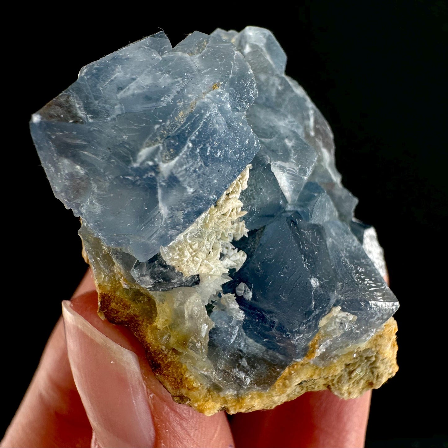 Blue Celestite on Calcite (Afghanistan), terminated celestite cluster, dark blue celestite, mineral specimen, natural celestite