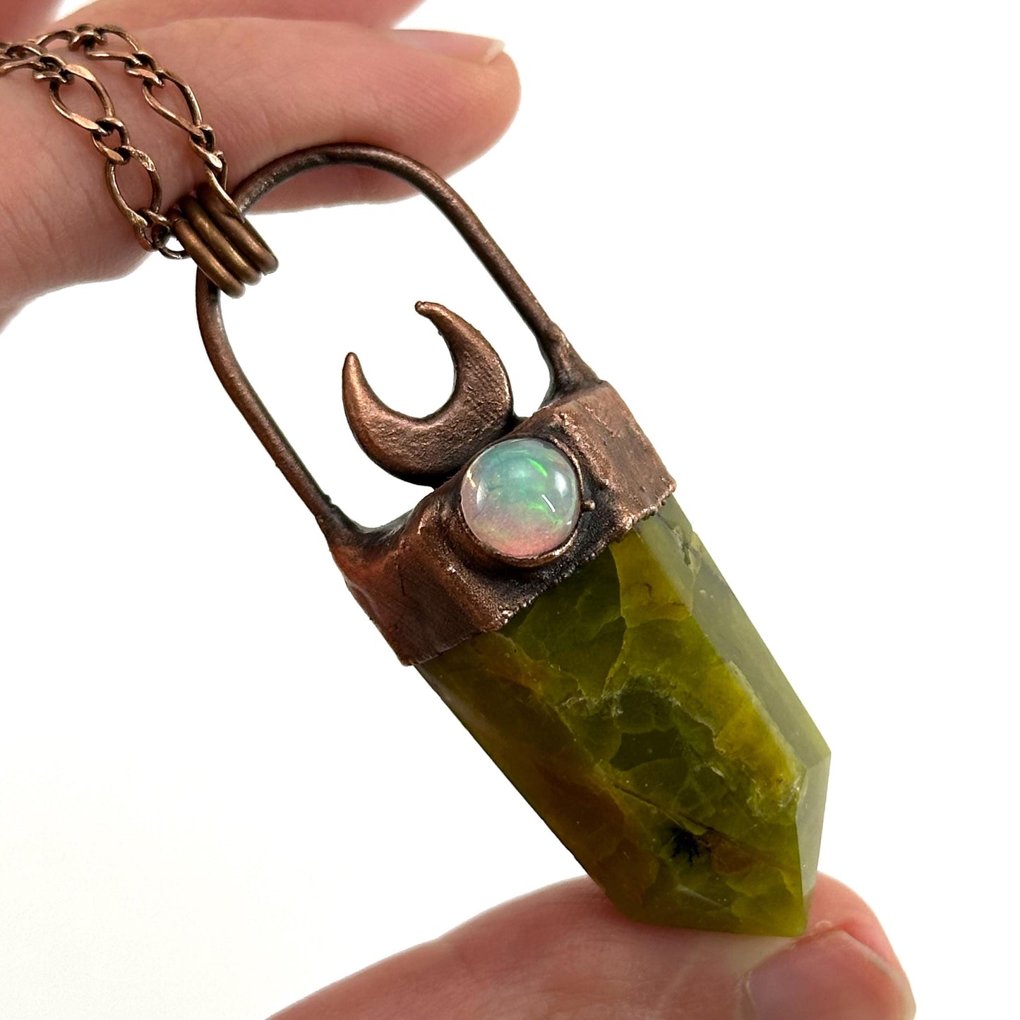 Green Opal & Welo Opal necklace, opal pendant, copper necklace, crystal necklace
