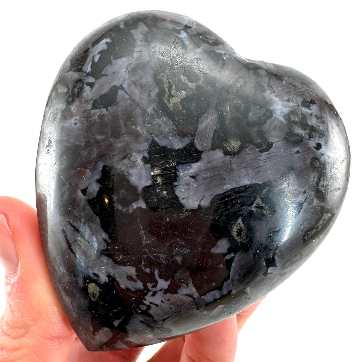 Indigo Gabbro Heart, merlinite heart, Gabbro Palm stone, Merlinite palm stone, Indigo Gabbro, crystal heart